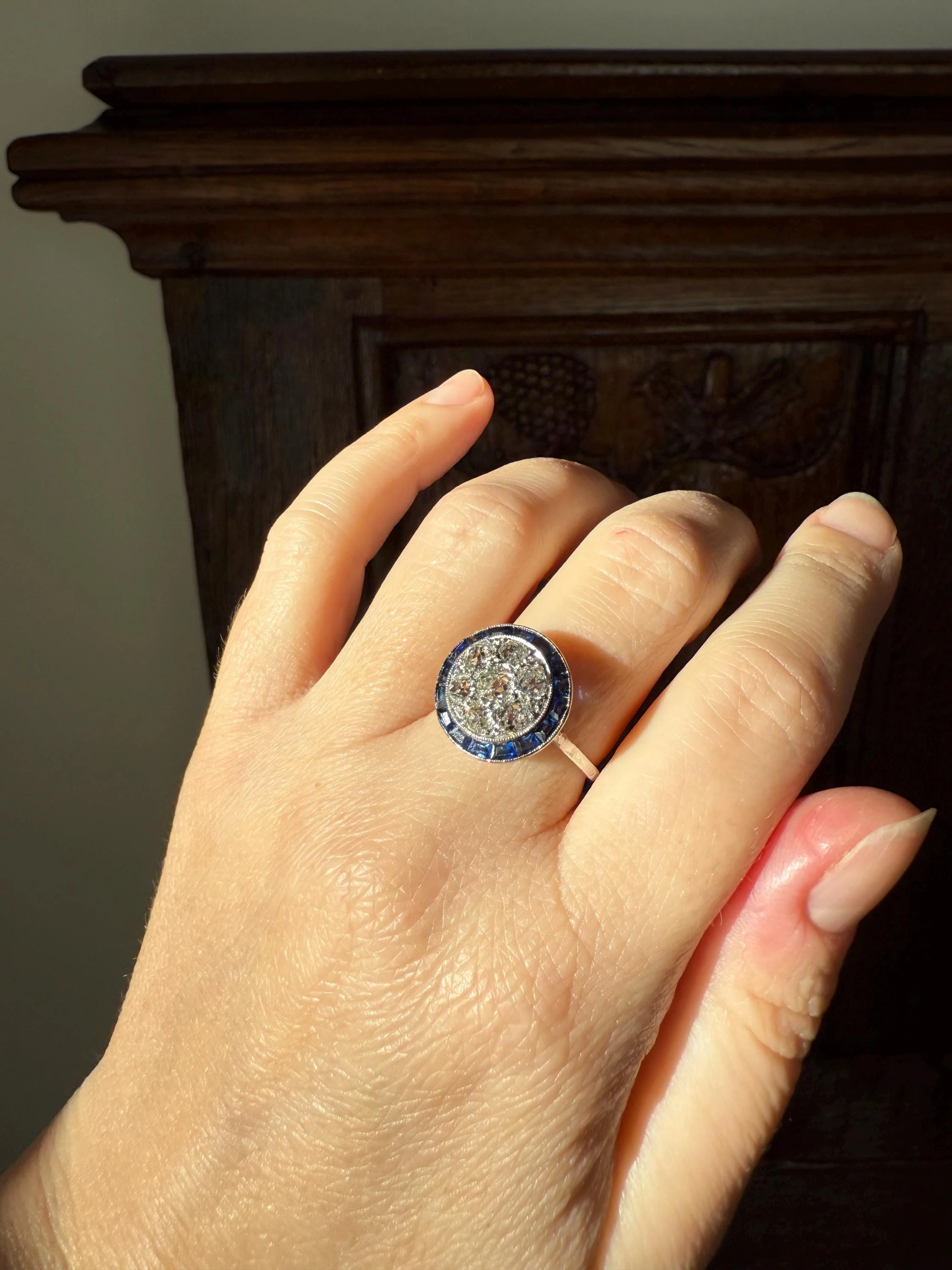 Antique One CARAT Old Mine Cut DiAMOND Cluster Sapphire HALO Ring Carre Square Cut Tall Domed Bauble Stacker French Platinum 18k White Gold - Image 2