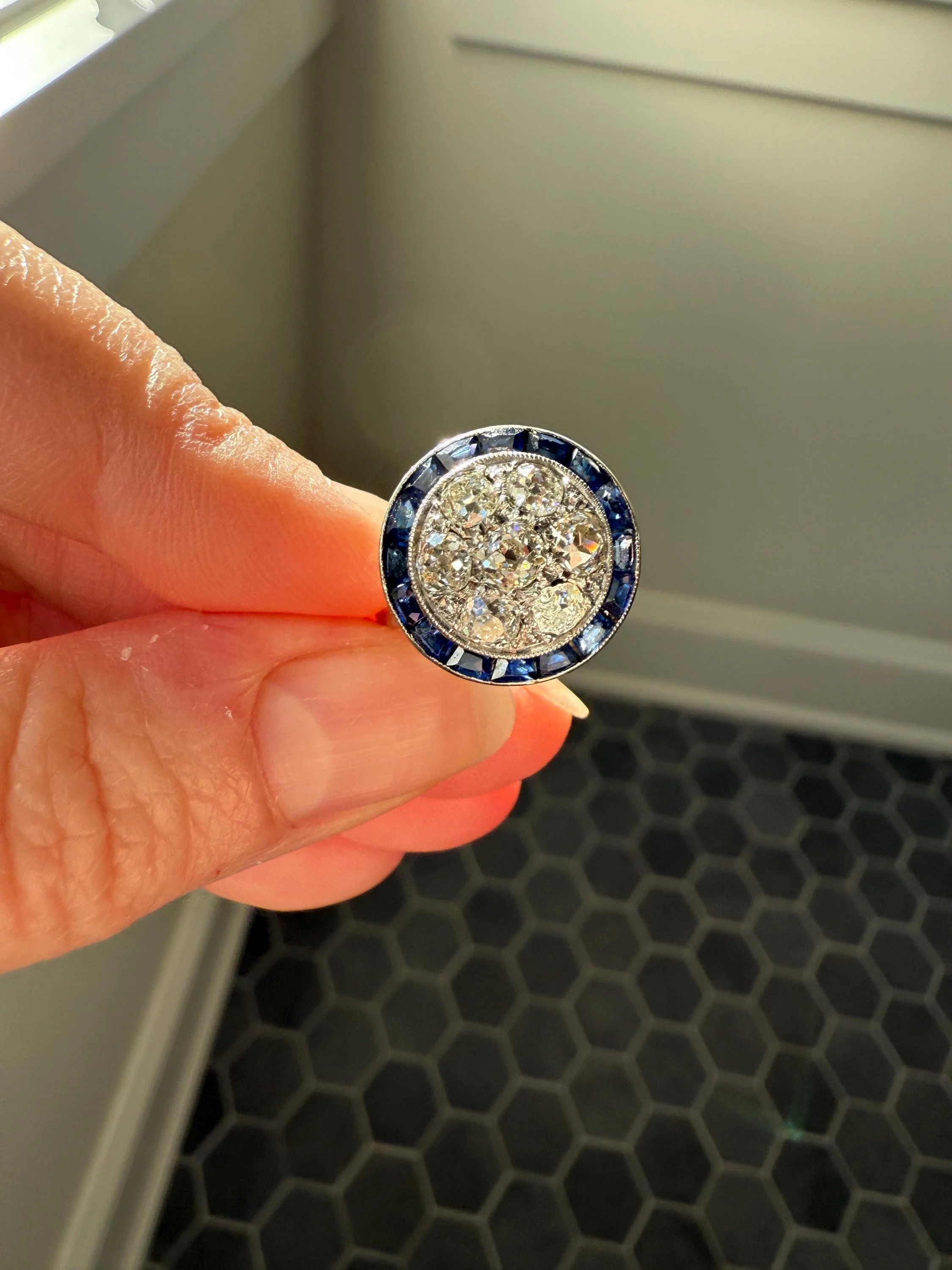 Antique One CARAT Old Mine Cut DiAMOND Cluster Sapphire HALO Ring Carre Square Cut Tall Domed Bauble Stacker French Platinum 18k White Gold - Image 3