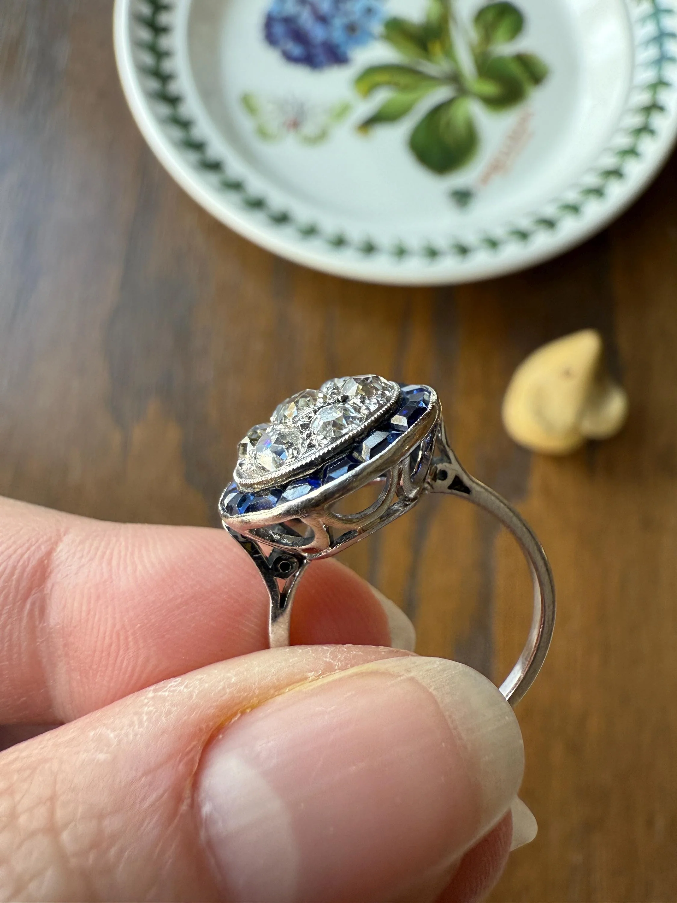 Antique One CARAT Old Mine Cut DiAMOND Cluster Sapphire HALO Ring Carre Square Cut Tall Domed Bauble Stacker French Platinum 18k White Gold - Image 4