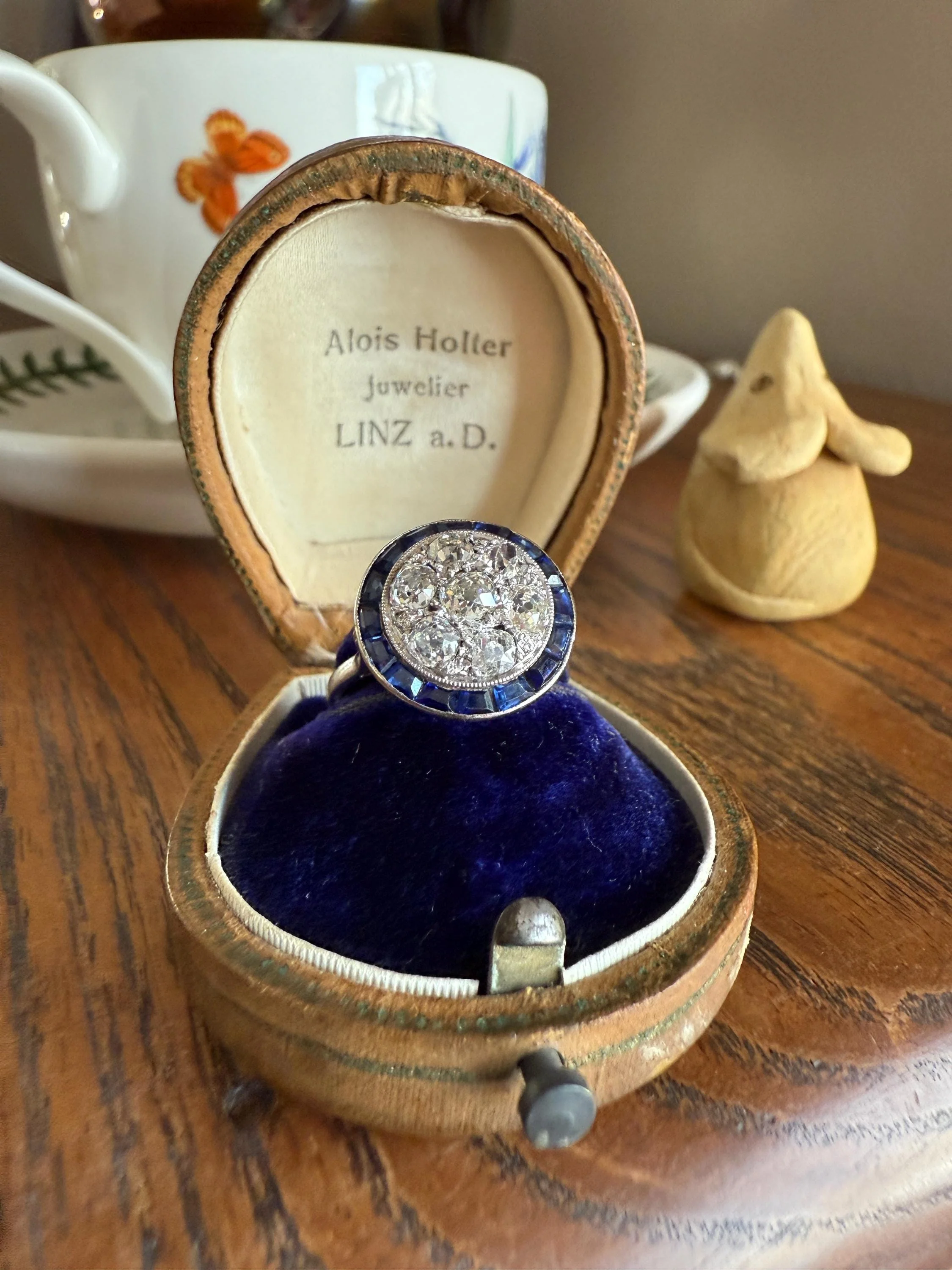 Antique One CARAT Old Mine Cut DiAMOND Cluster Sapphire HALO Ring Carre Square Cut Tall Domed Bauble Stacker French Platinum 18k White Gold - Image 5
