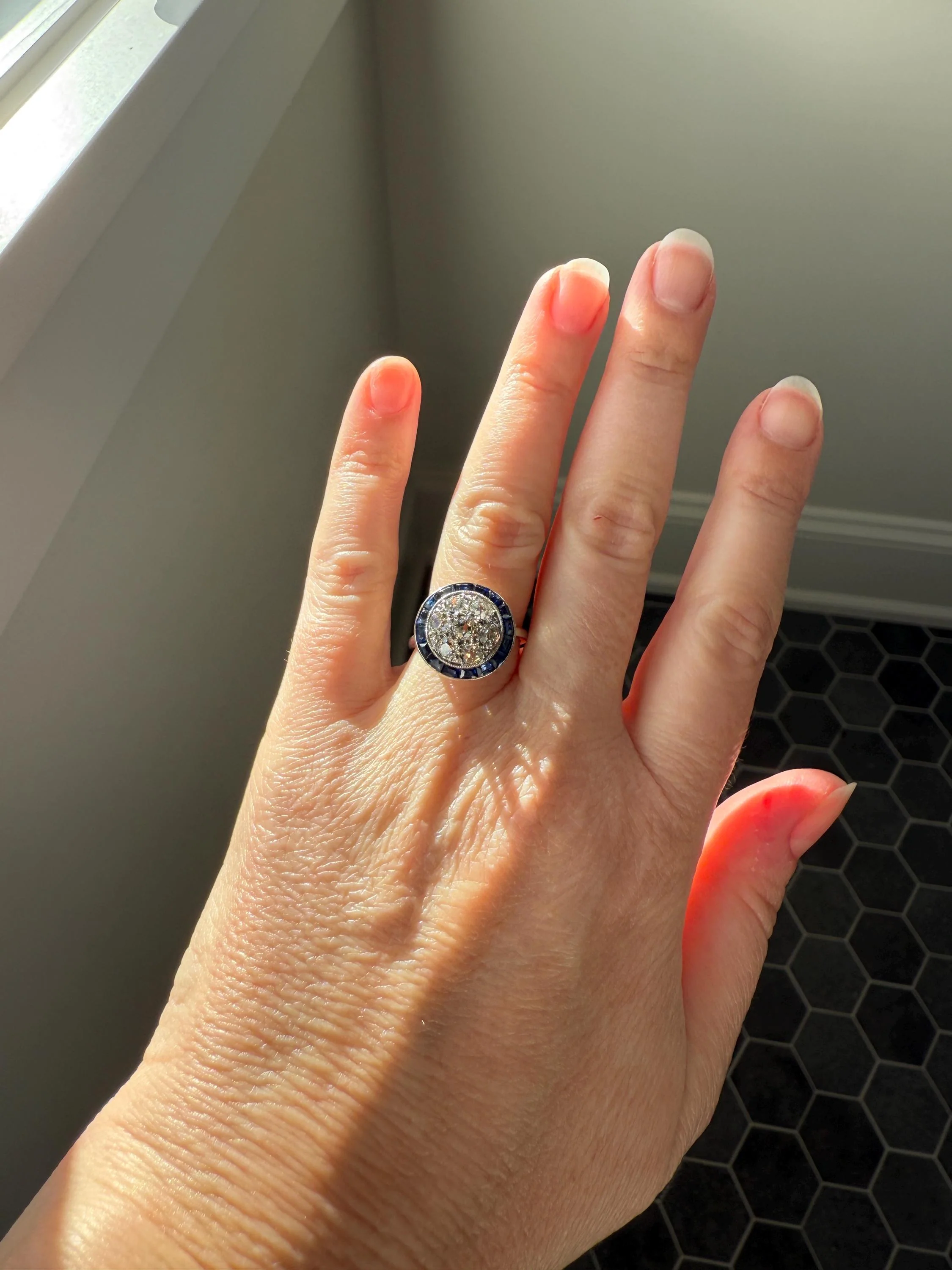 Antique One CARAT Old Mine Cut DiAMOND Cluster Sapphire HALO Ring Carre Square Cut Tall Domed Bauble Stacker French Platinum 18k White Gold - Image 9