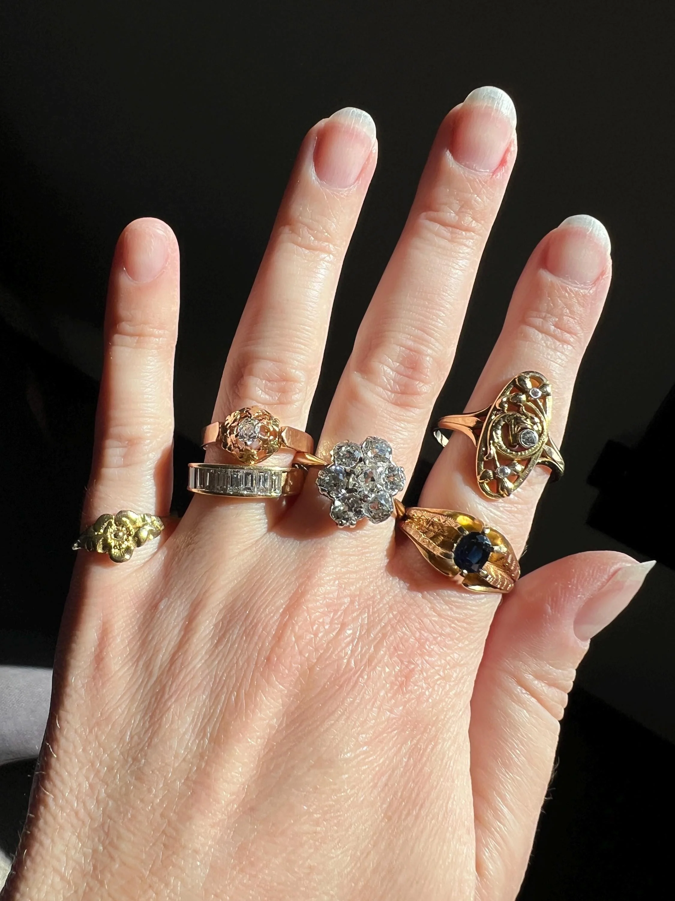 Antique OVAL 3 Carats Old Mine Cut DIAMOND Ring Scalloped Halo Daisy Cluster Stacker 3Ctw OmC - Image 11