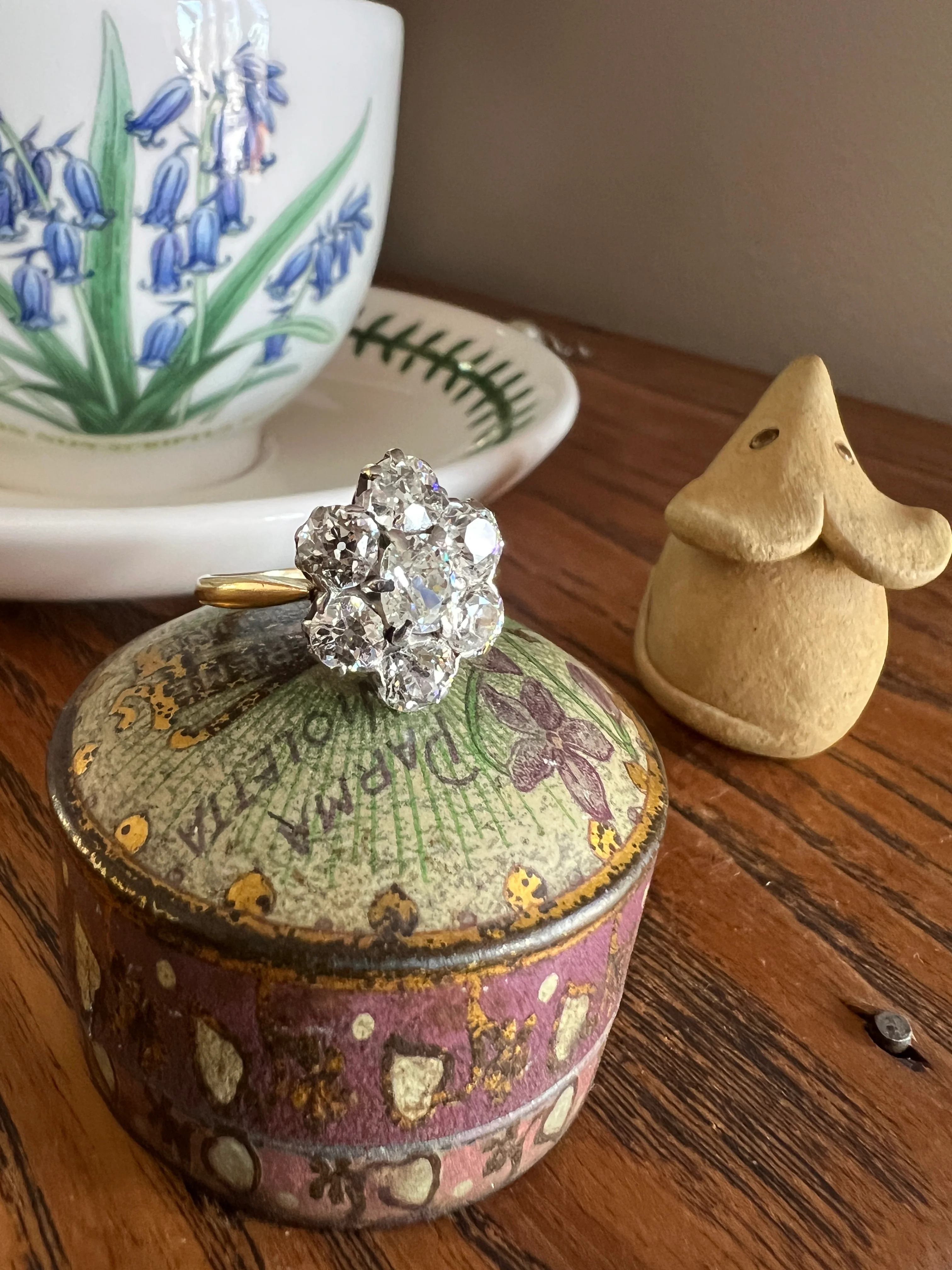 Antique OVAL 3 Carats Old Mine Cut DIAMOND Ring Scalloped Halo Daisy Cluster Stacker 3Ctw OmC - Image 18