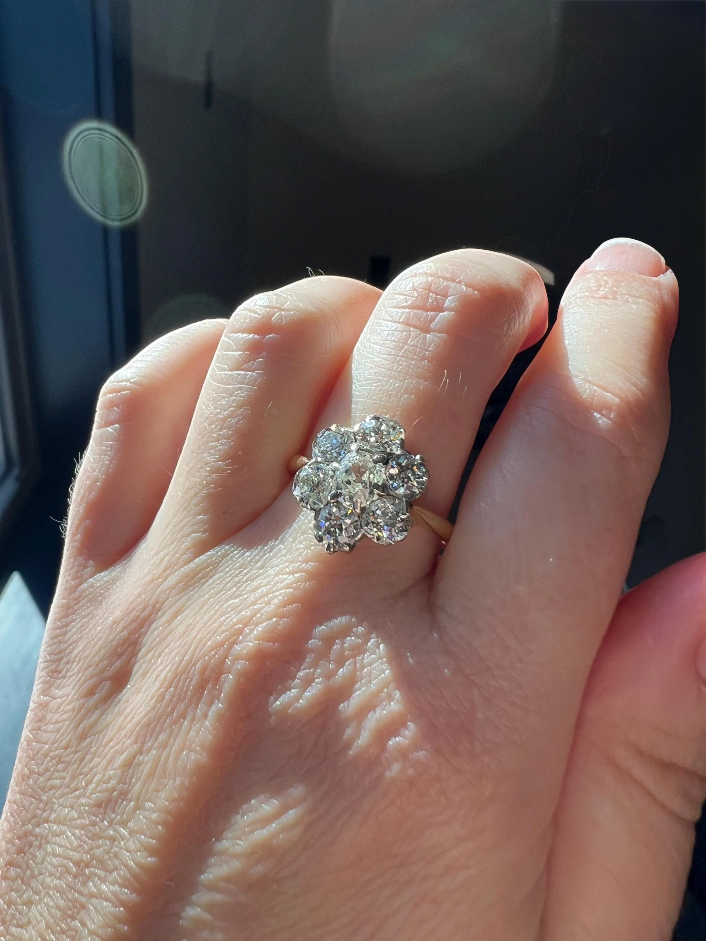Antique OVAL 3 Carats Old Mine Cut DIAMOND Ring Scalloped Halo Daisy Cluster Stacker 3Ctw OmC - Image 2