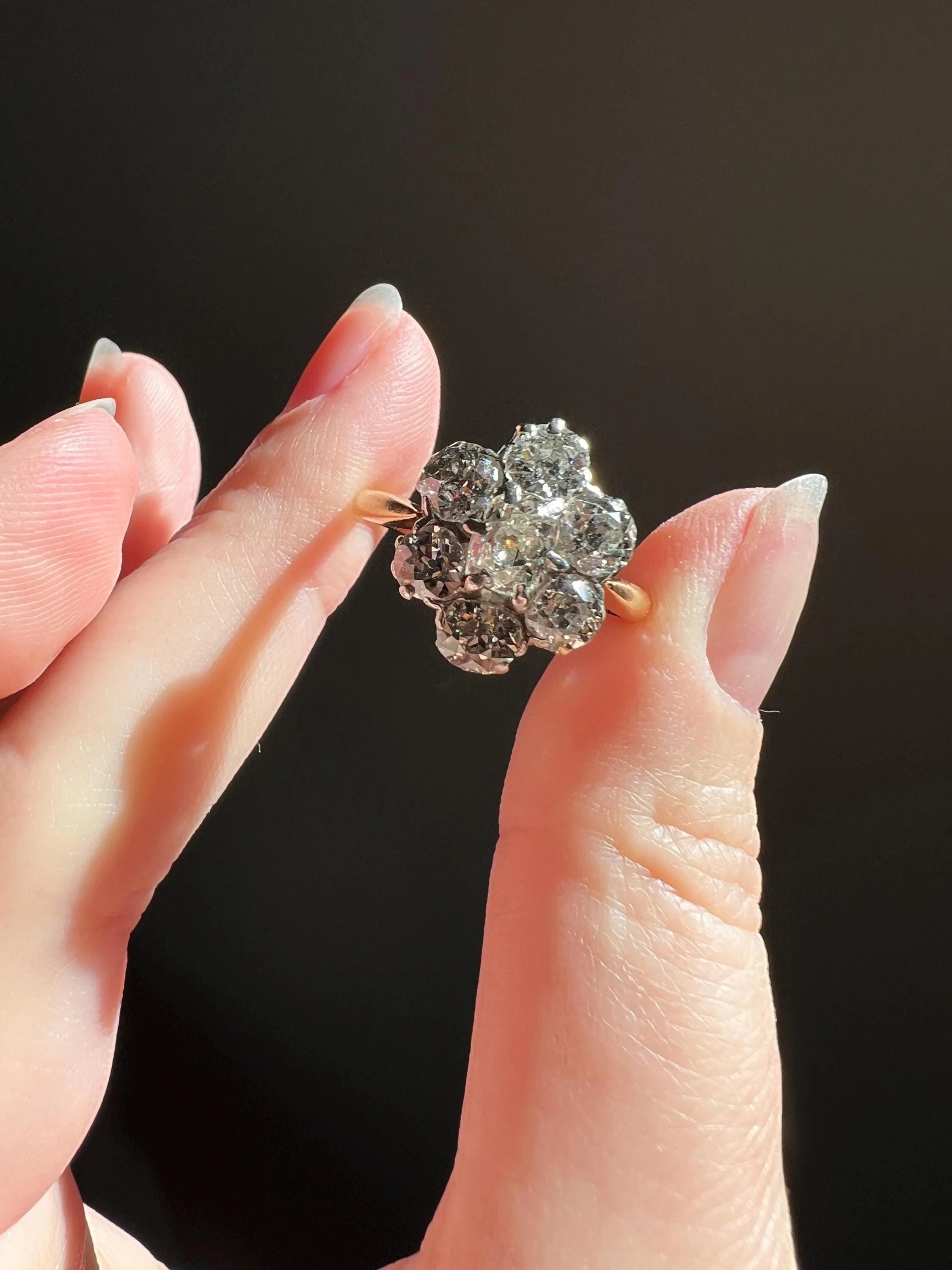 Antique OVAL 3 Carats Old Mine Cut DIAMOND Ring Scalloped Halo Daisy Cluster Stacker 3Ctw OmC - Image 4