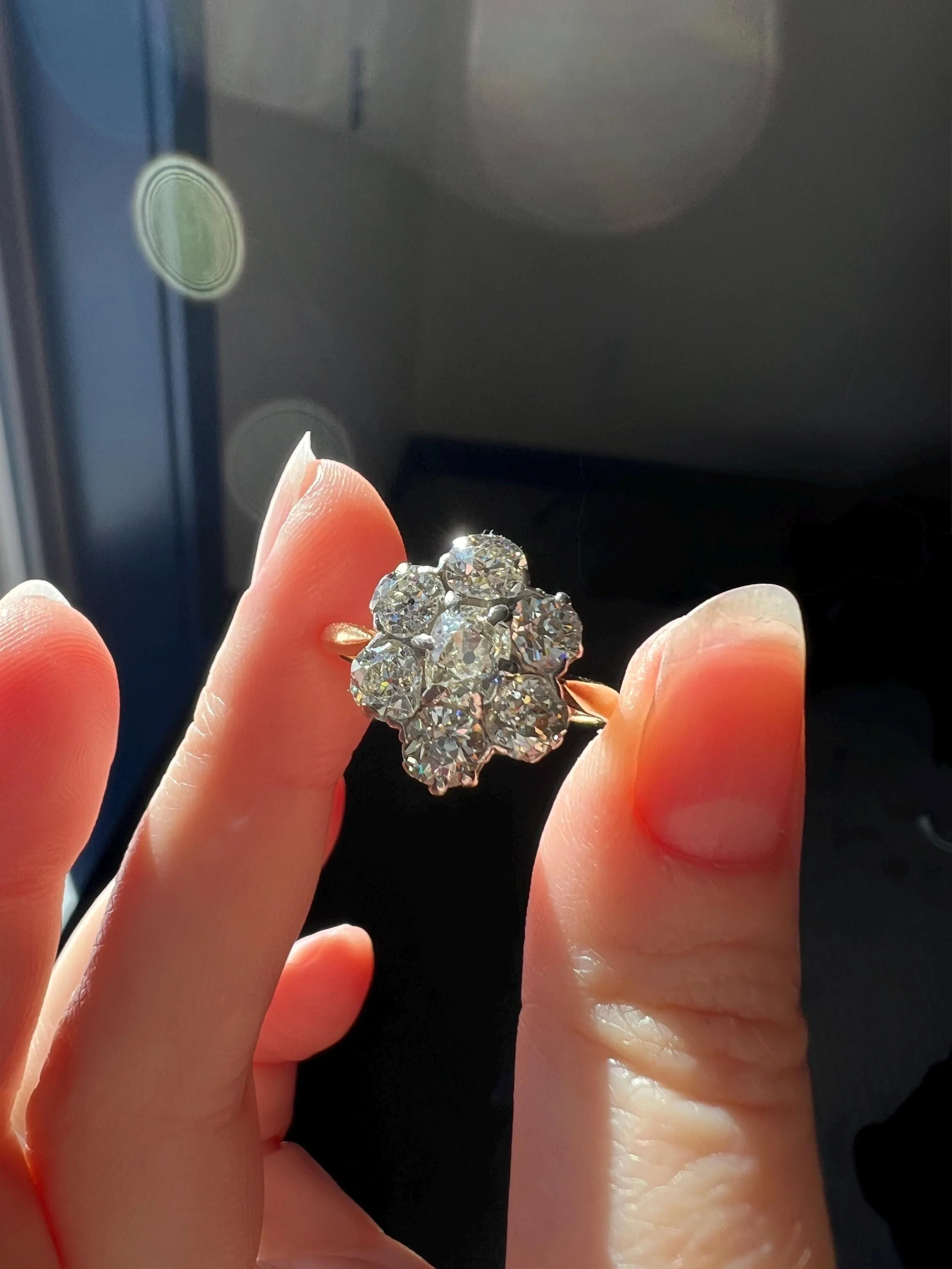 Antique OVAL 3 Carats Old Mine Cut DIAMOND Ring Scalloped Halo Daisy Cluster Stacker 3Ctw OmC - Image 7