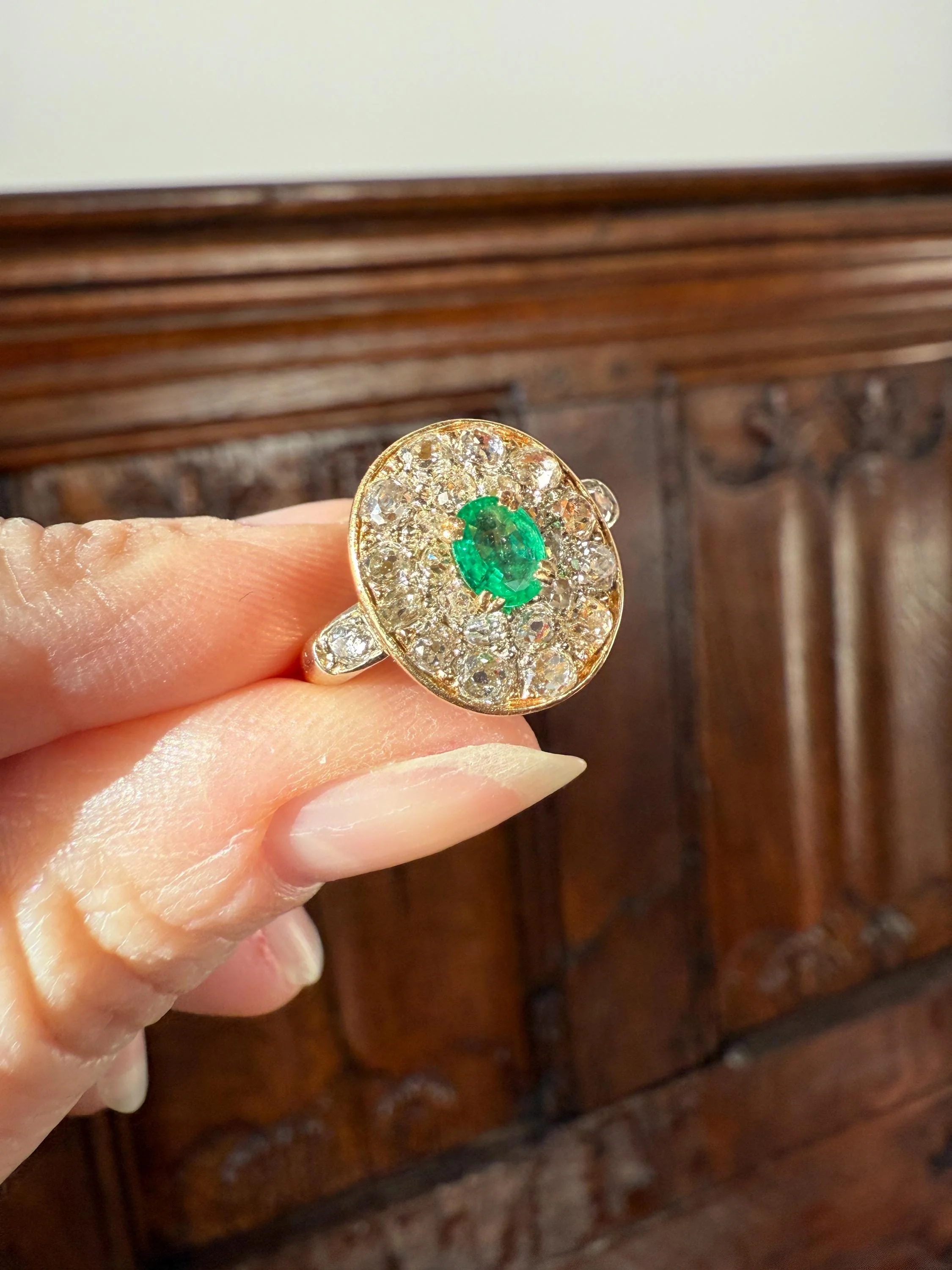 Antique Oval Pave Panel Ring Green Natural Emerald 1.25 Carat Old Mine Cut Diamonds Cluster 18k Gold French Ornate Texture - Image 12
