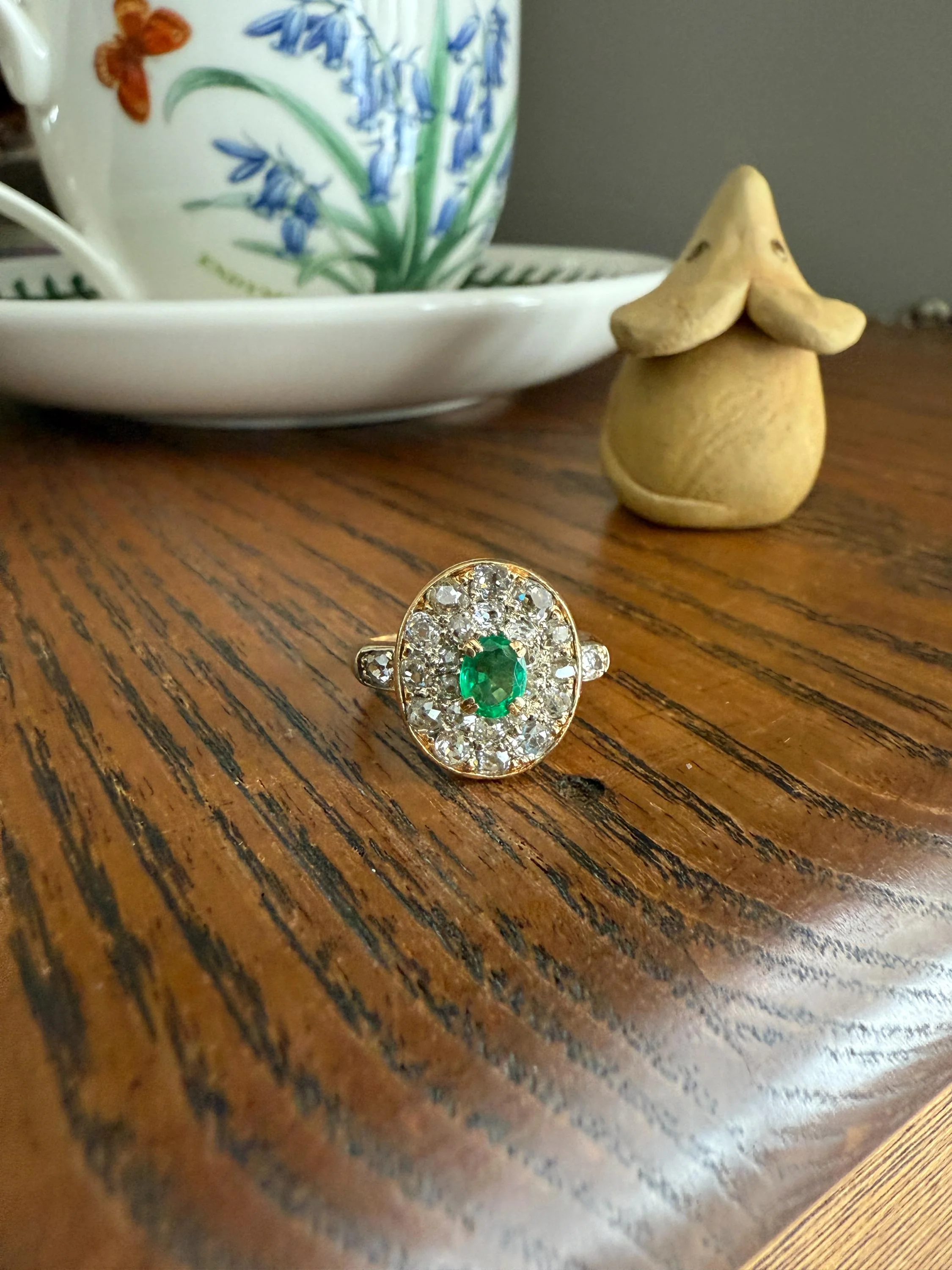 Antique Oval Pave Panel Ring Green Natural Emerald 1.25 Carat Old Mine Cut Diamonds Cluster 18k Gold French Ornate Texture - Image 14