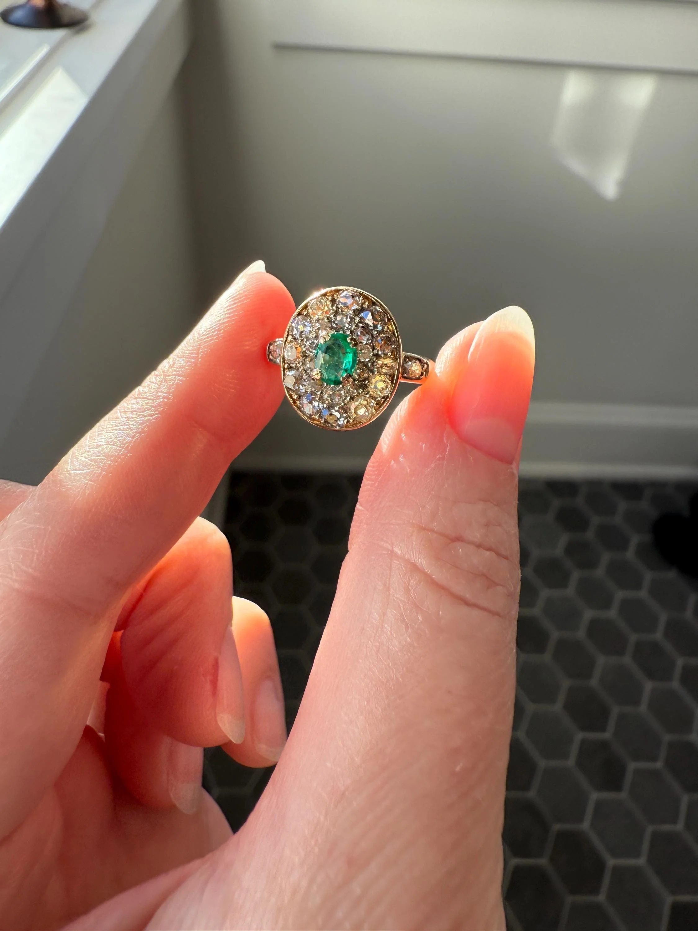 Antique Oval Pave Panel Ring Green Natural Emerald 1.25 Carat Old Mine Cut Diamonds Cluster 18k Gold French Ornate Texture - Image 7