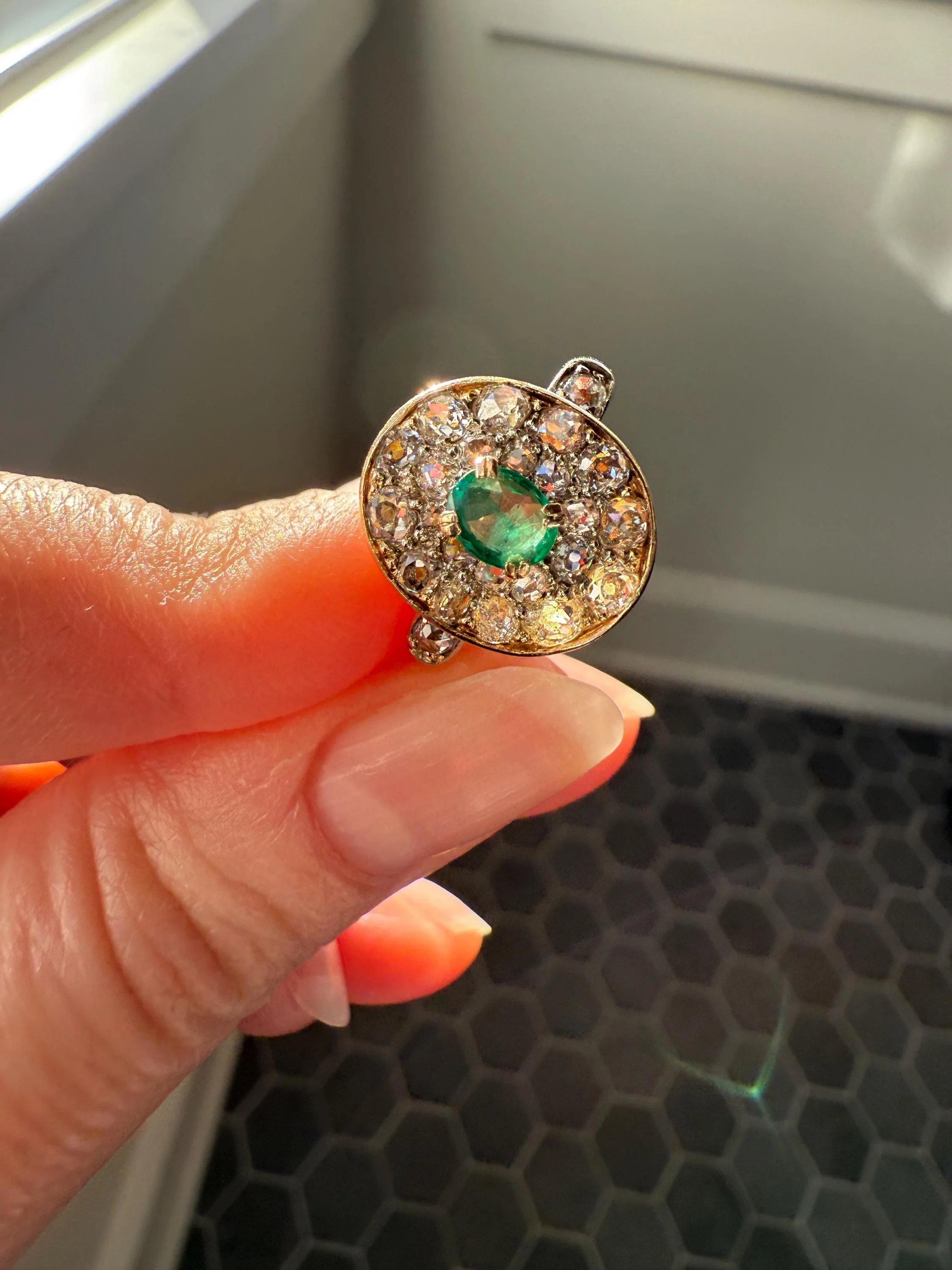 Antique Oval Pave Panel Ring Green Natural Emerald 1.25 Carat Old Mine Cut Diamonds Cluster 18k Gold French Ornate Texture - Image 8