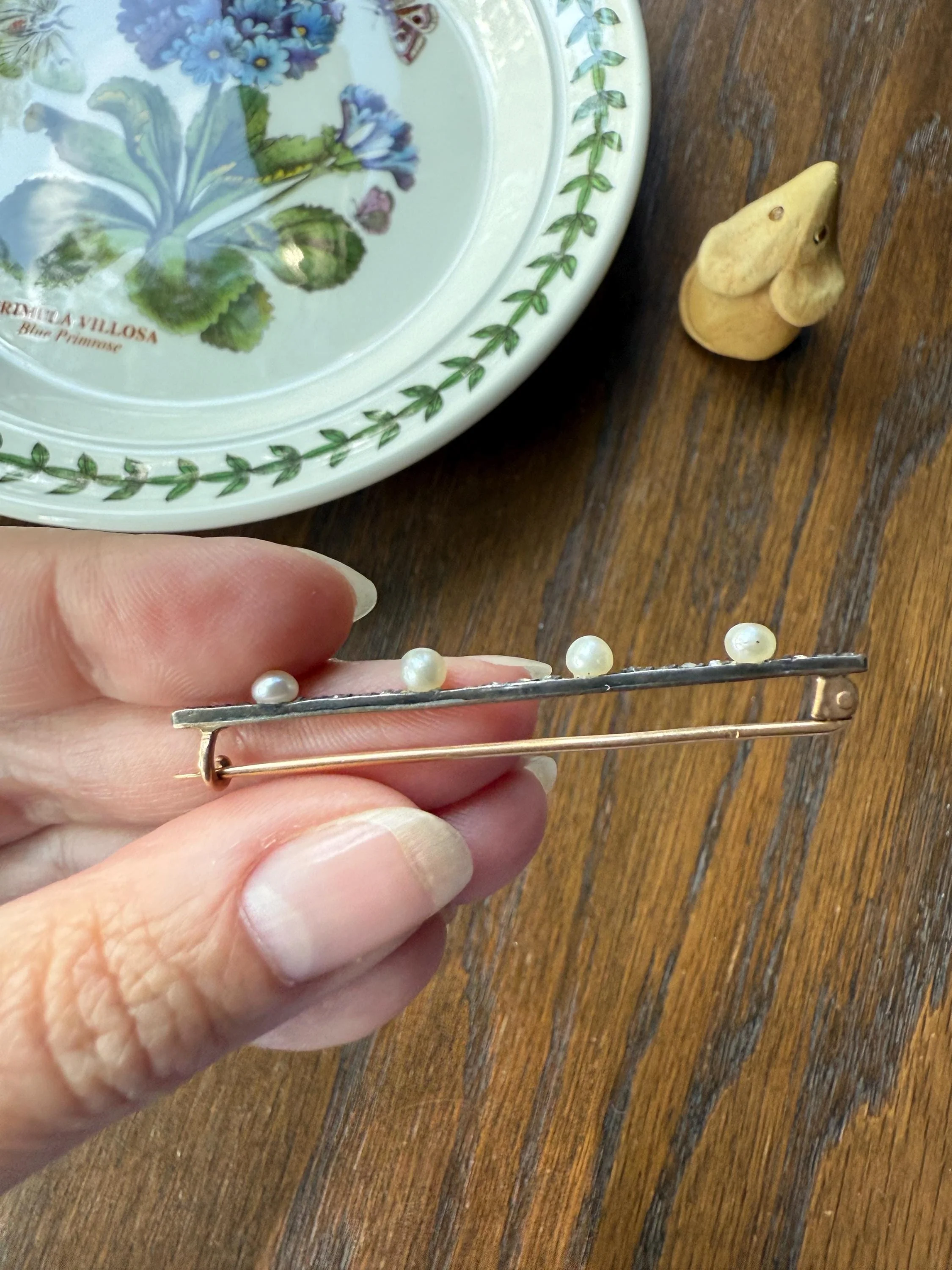 Antique Pearl Rose Cut Diamond Bar Brooch Extender Connector Pin 18k Gold Silver Solid French Linear Victorian Hair Pin - Image 7