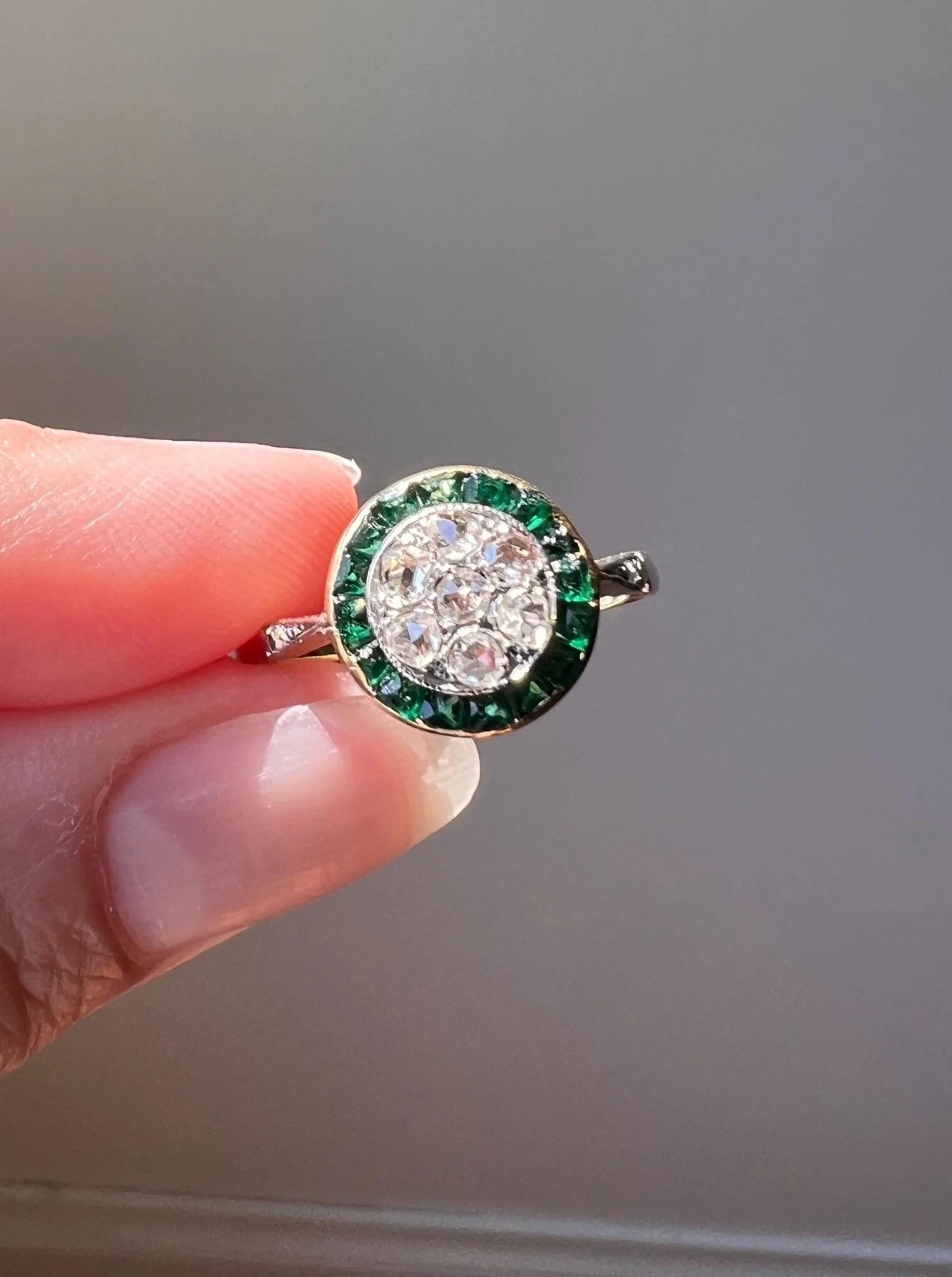 Antique Rose Cut Diamond Carre EMERALD Halo Ring Bullseye Target French 18k Gold Platinum