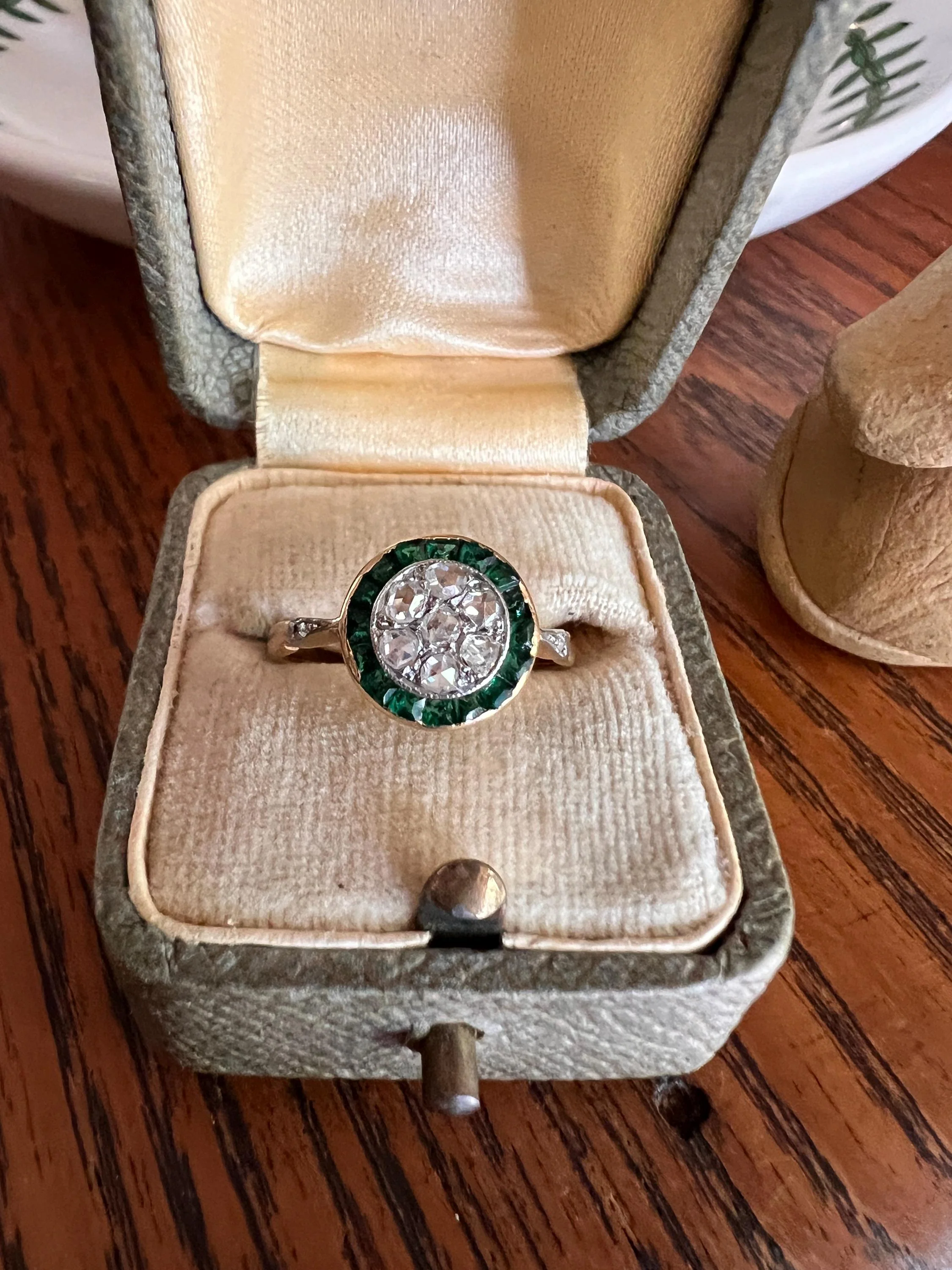 Antique Rose Cut Diamond Carre EMERALD Halo Ring Bullseye Target French 18k Gold Platinum - Image 2