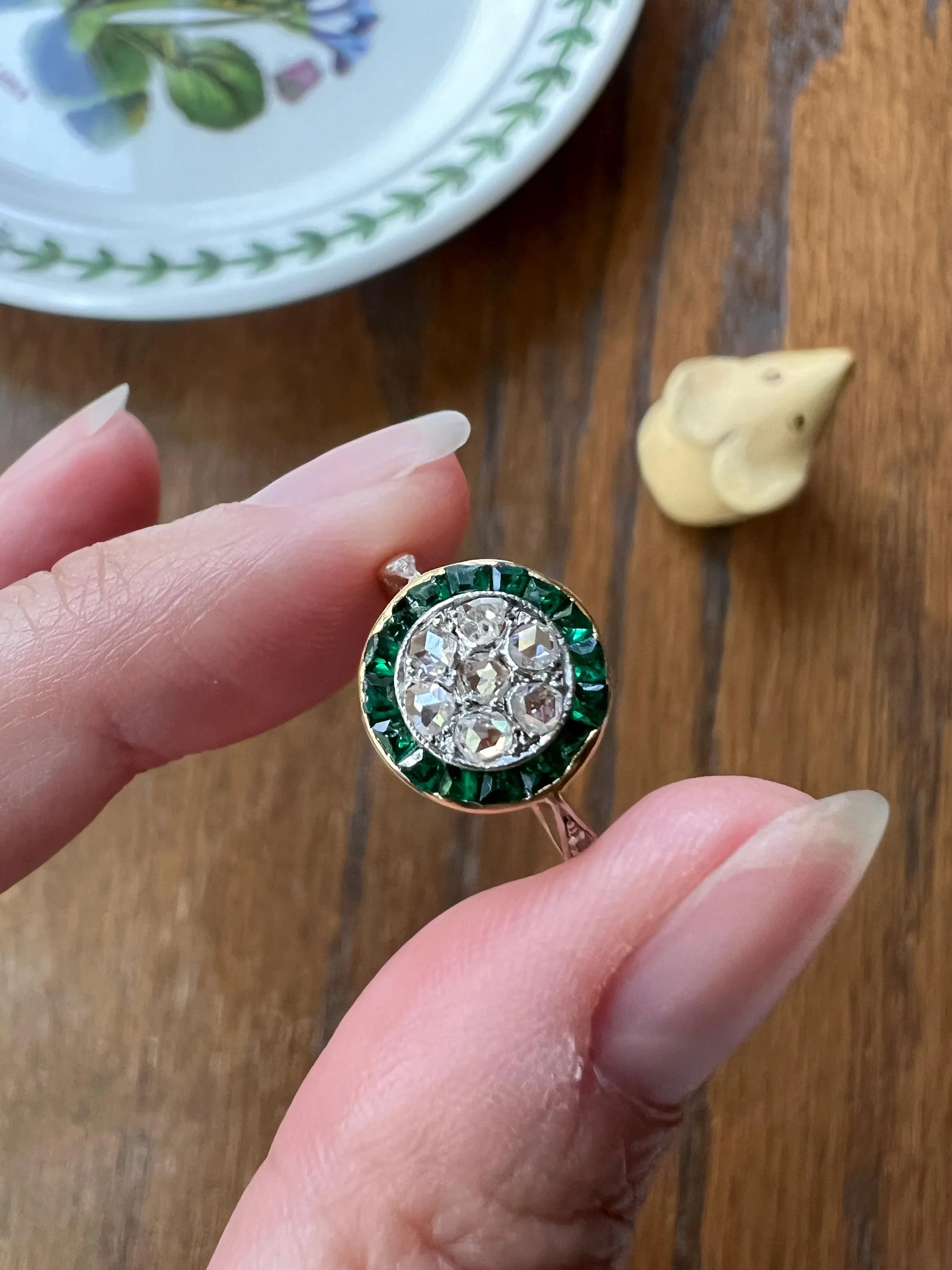 Antique Rose Cut Diamond Carre EMERALD Halo Ring Bullseye Target French 18k Gold Platinum - Image 4