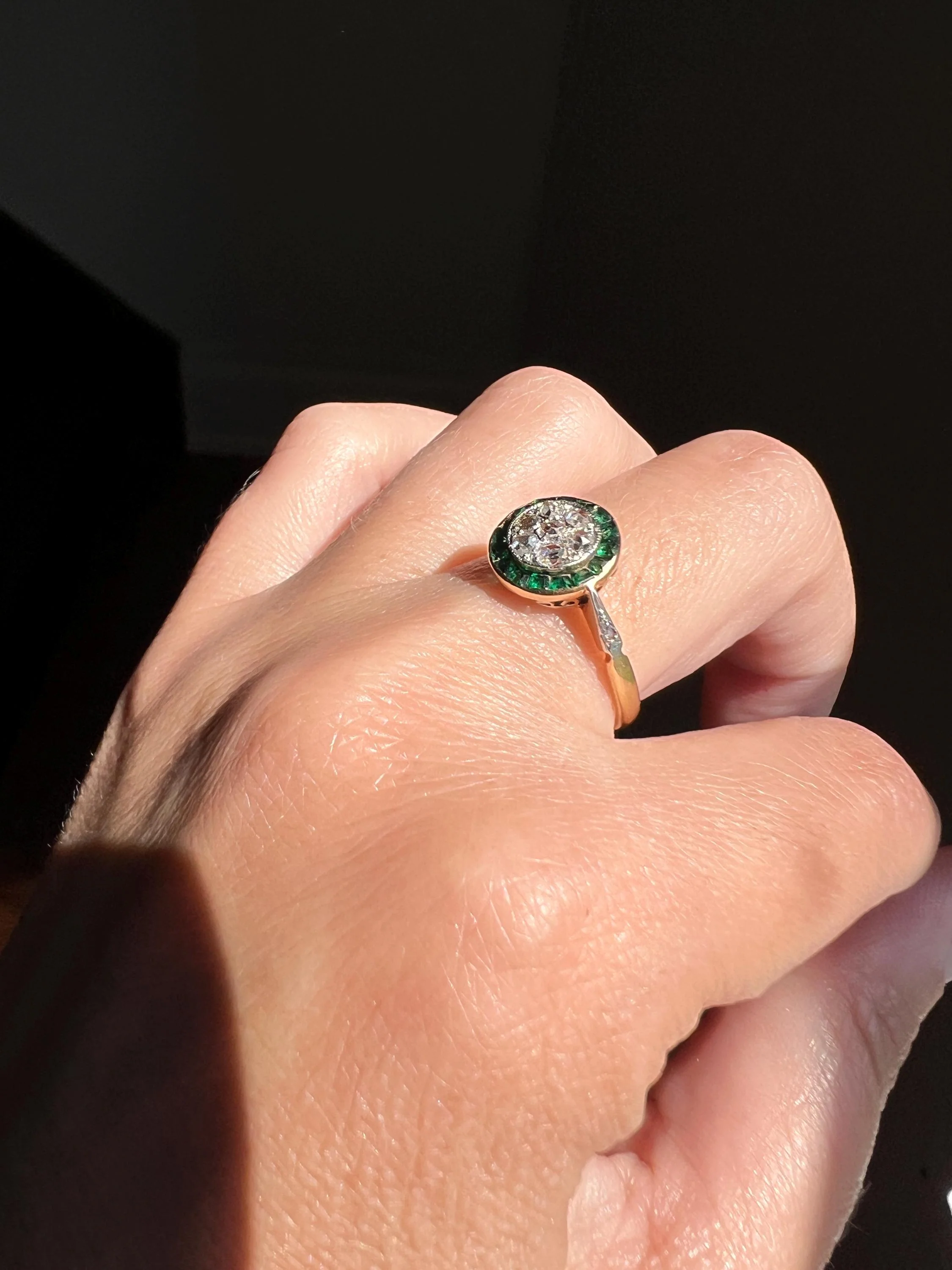 Antique Rose Cut Diamond Carre EMERALD Halo Ring Bullseye Target French 18k Gold Platinum - Image 5