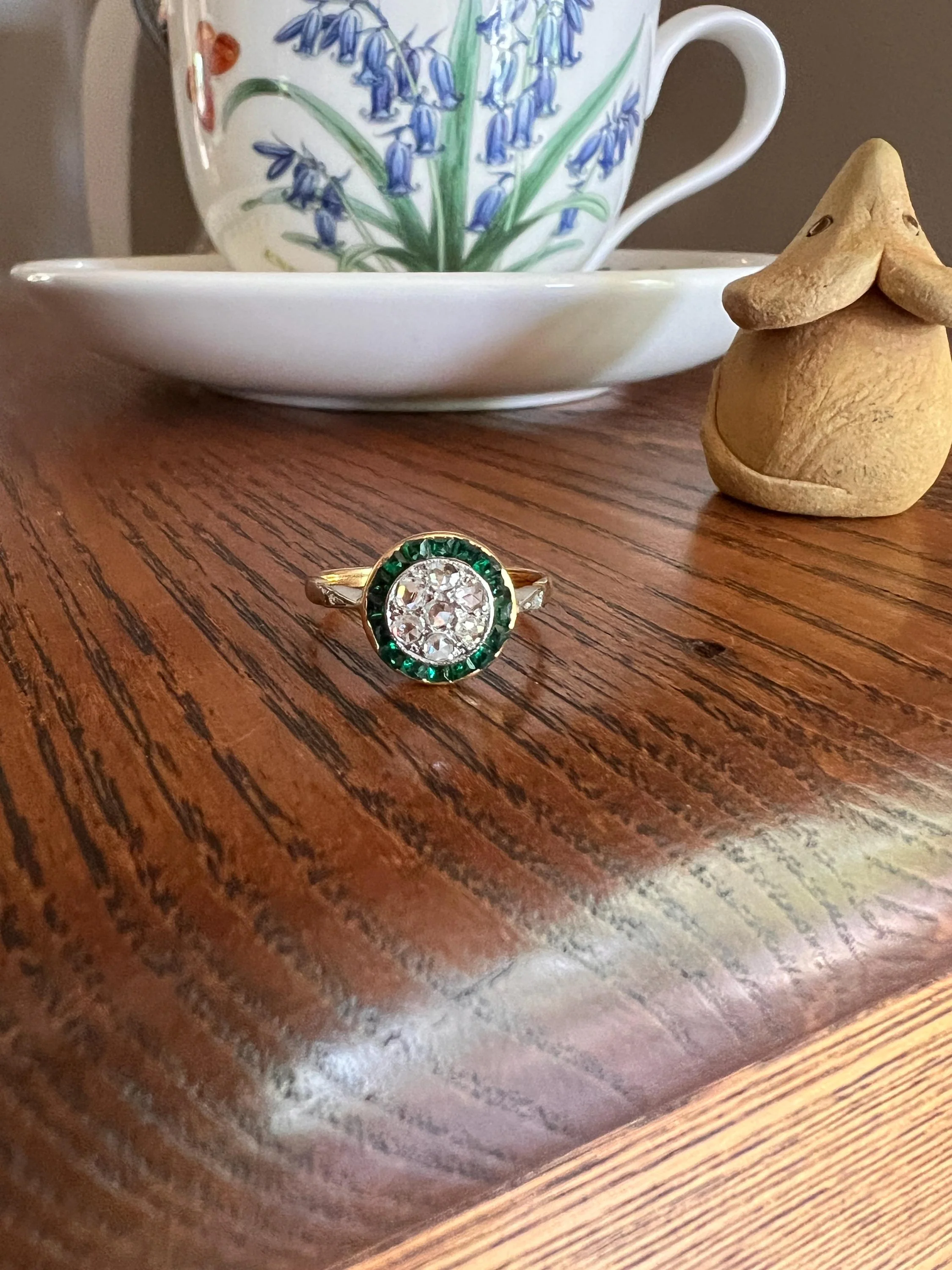 Antique Rose Cut Diamond Carre EMERALD Halo Ring Bullseye Target French 18k Gold Platinum - Image 6