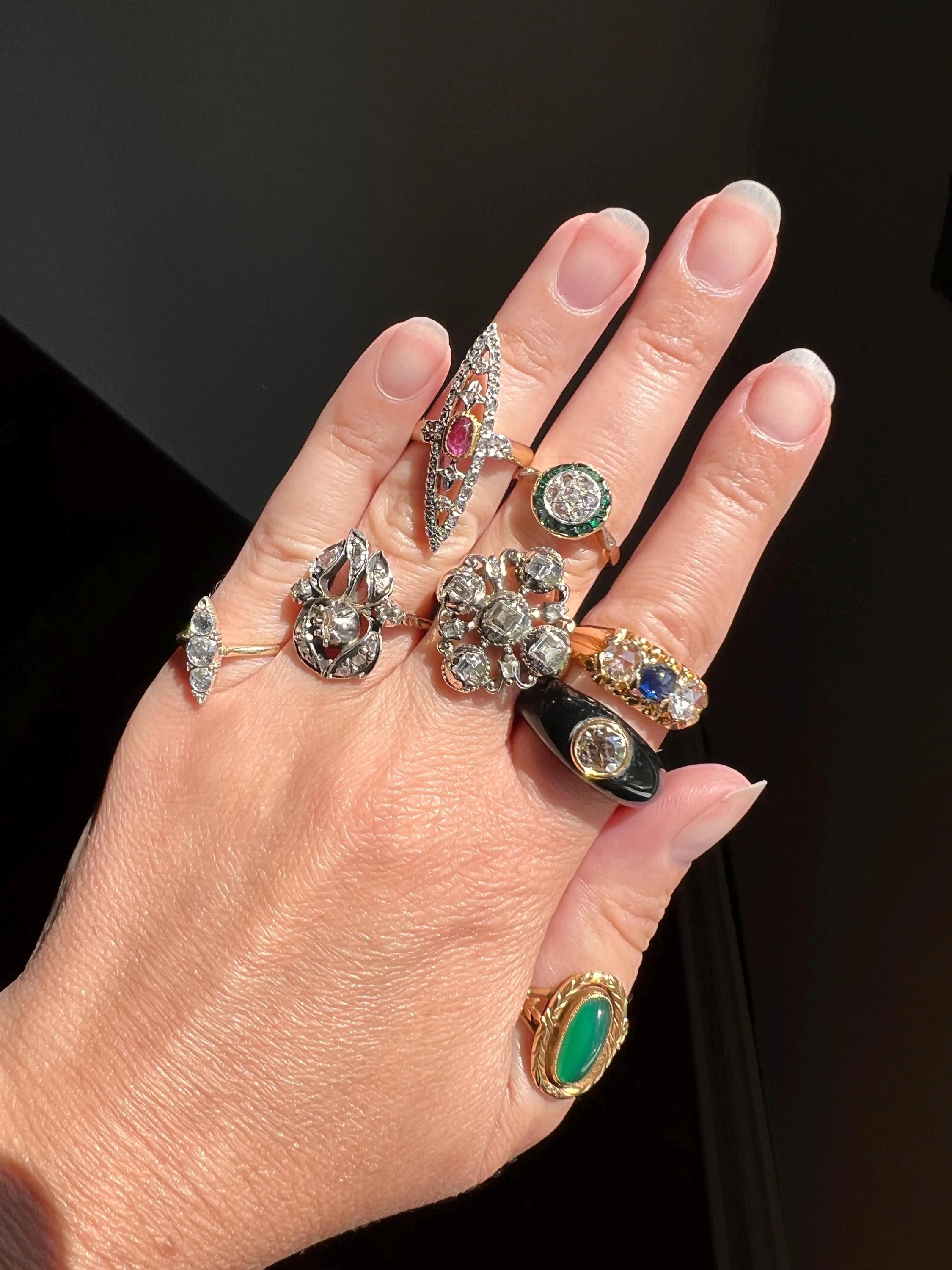 Antique Rose Cut Diamond Carre EMERALD Halo Ring Bullseye Target French 18k Gold Platinum - Image 8