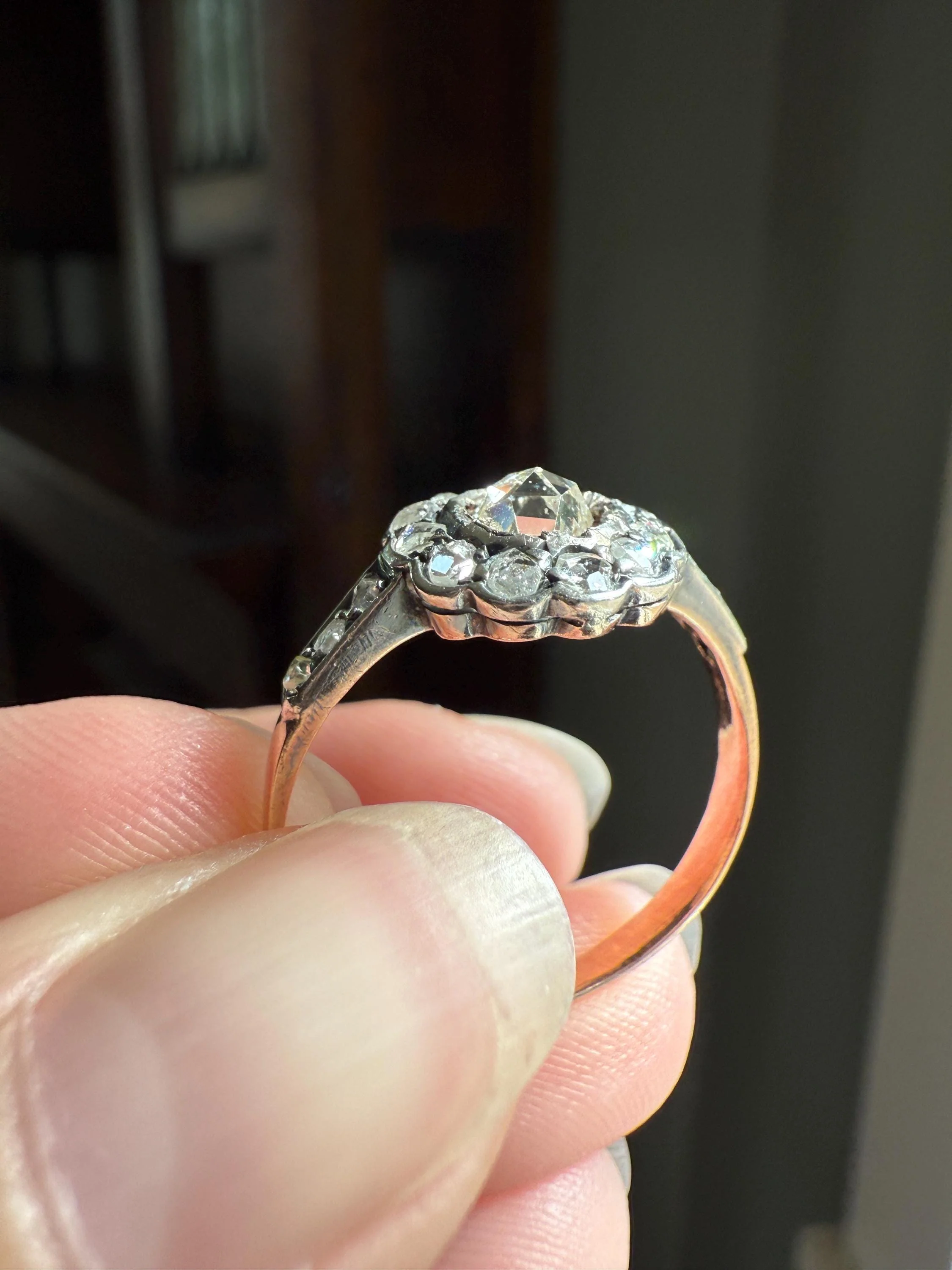 ANTIQUE Rose Cut DIAMOND Daisy Cluster Ring 14k Gold Silver Edwardian Scalloped Halo - Image 2