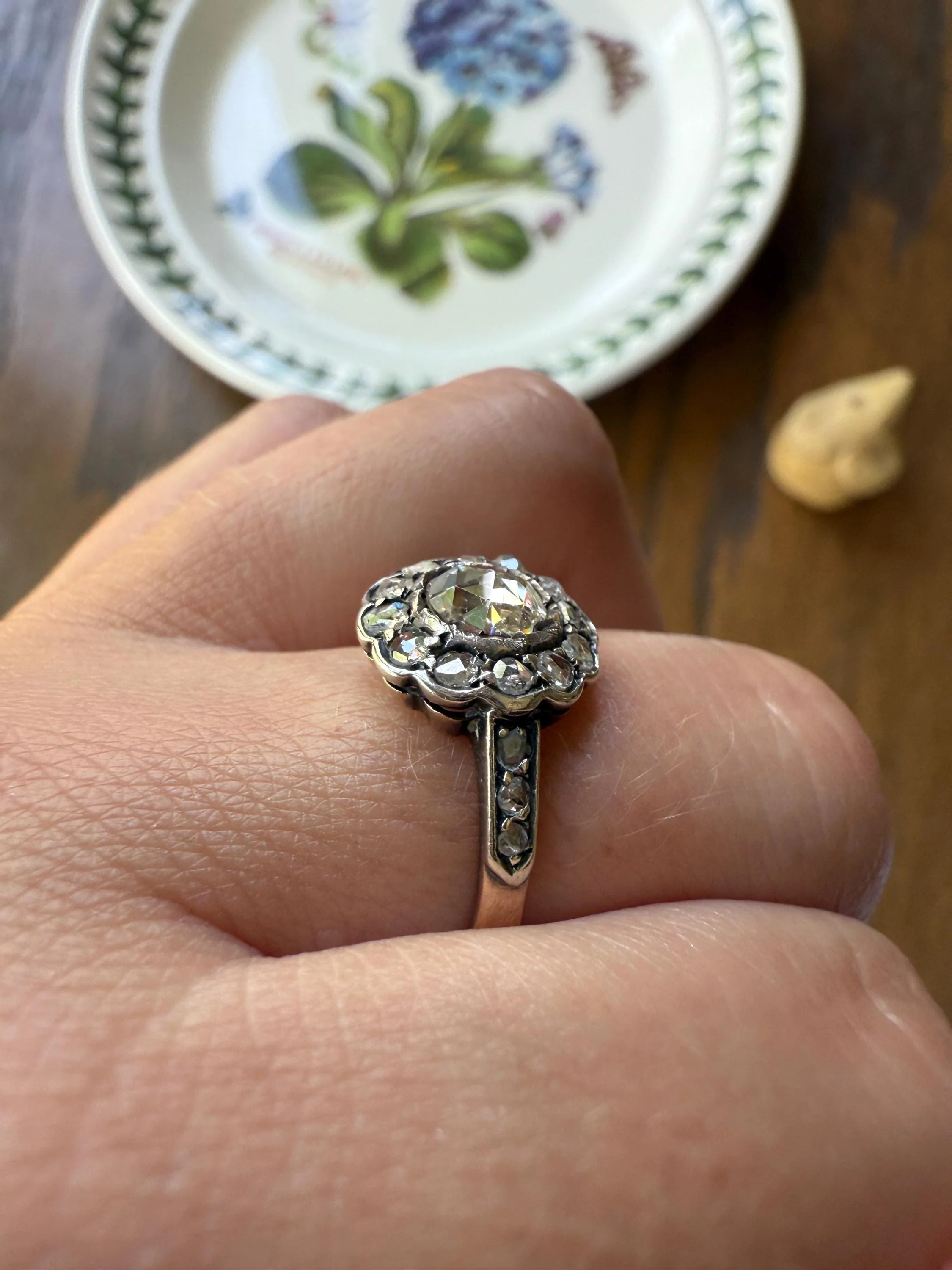 ANTIQUE Rose Cut DIAMOND Daisy Cluster Ring 14k Gold Silver Edwardian Scalloped Halo - Image 5