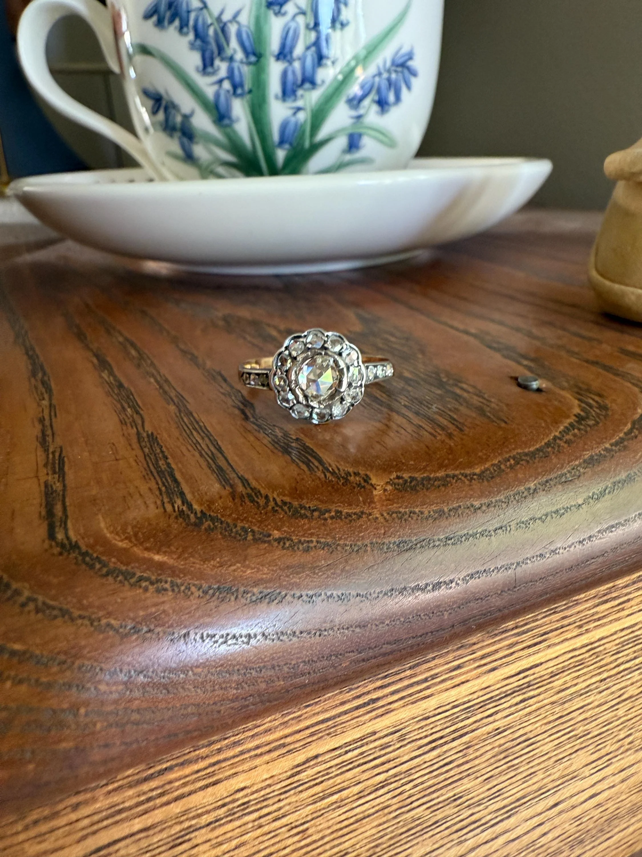 ANTIQUE Rose Cut DIAMOND Daisy Cluster Ring 14k Gold Silver Edwardian Scalloped Halo - Image 6