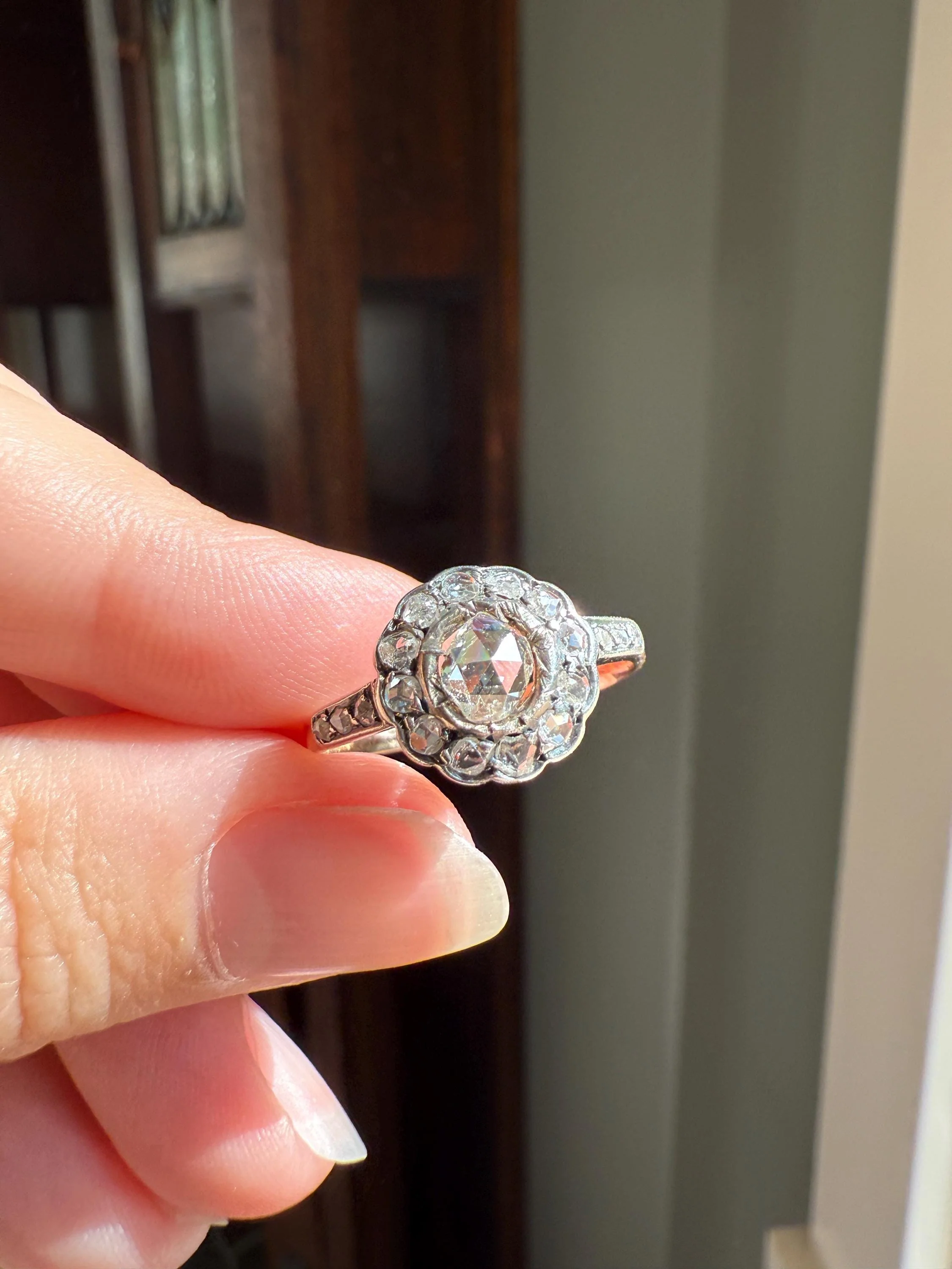 ANTIQUE Rose Cut DIAMOND Daisy Cluster Ring 14k Gold Silver Edwardian Scalloped Halo - Image 7