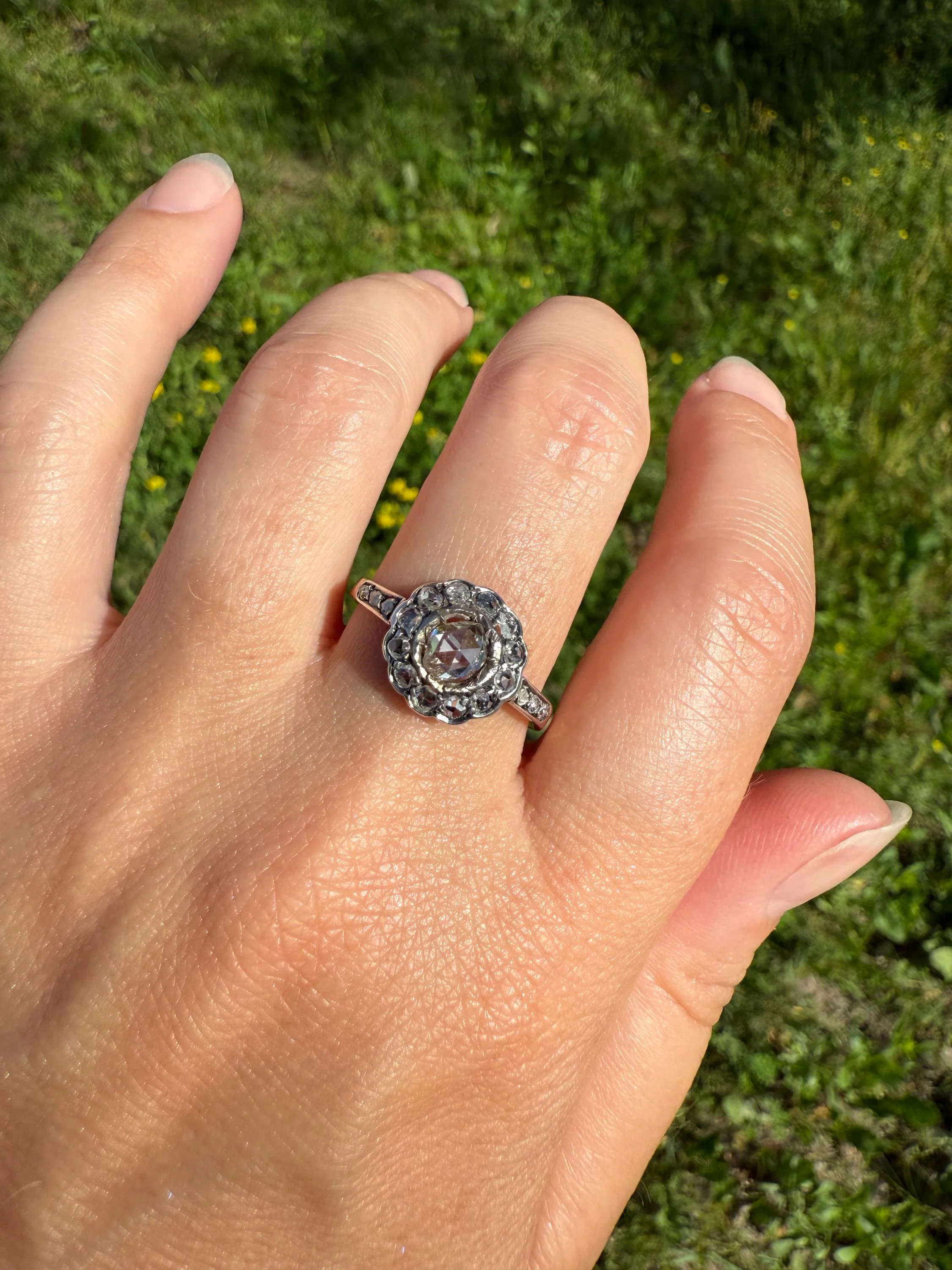 ANTIQUE Rose Cut DIAMOND Daisy Cluster Ring 14k Gold Silver Edwardian Scalloped Halo - Image 9