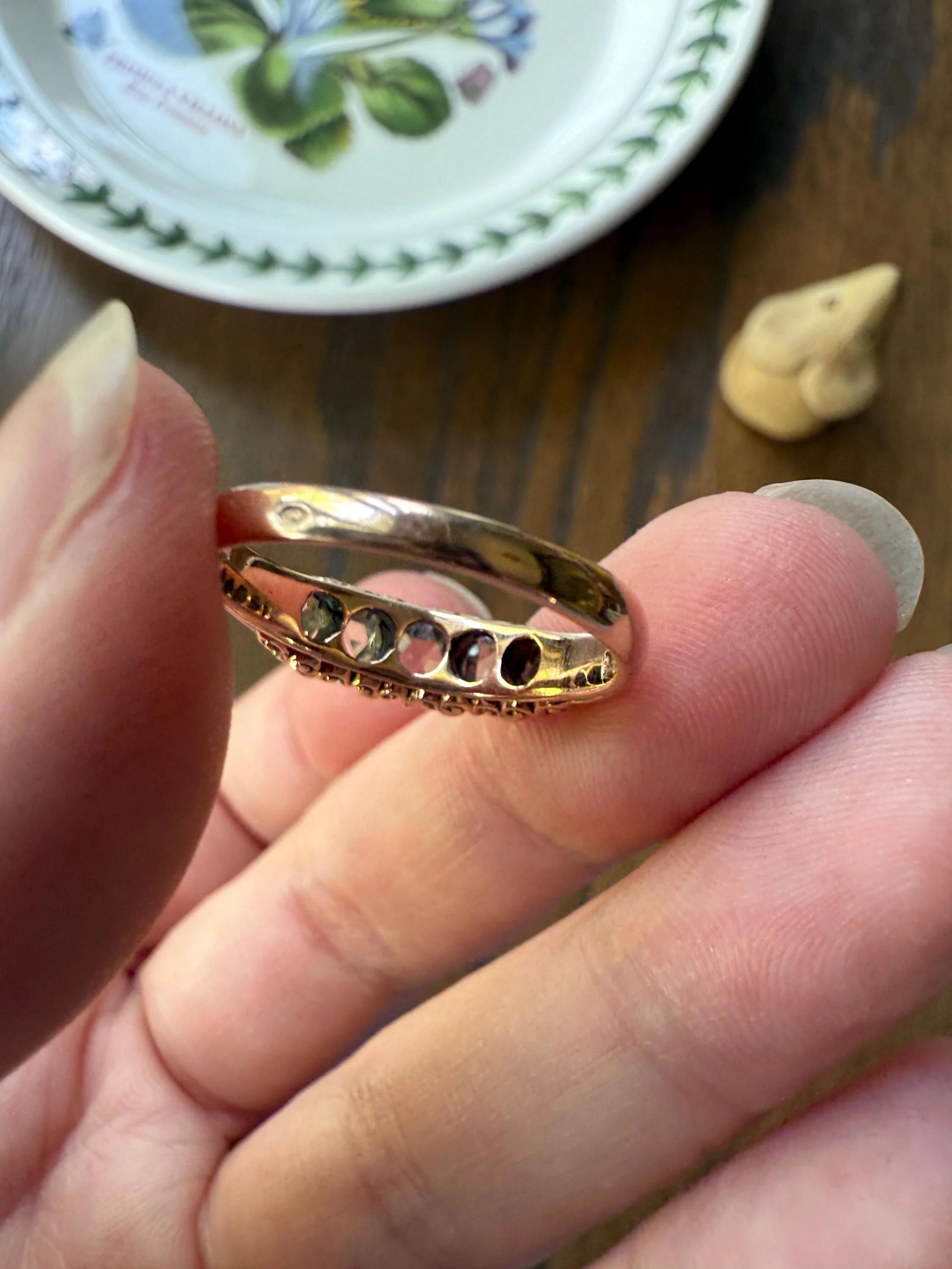 ANTIQUE Rose Cut DIAMOND Five Stone Band with Spacers Disco Ball Stacker Ring 14k Gold - Image 10