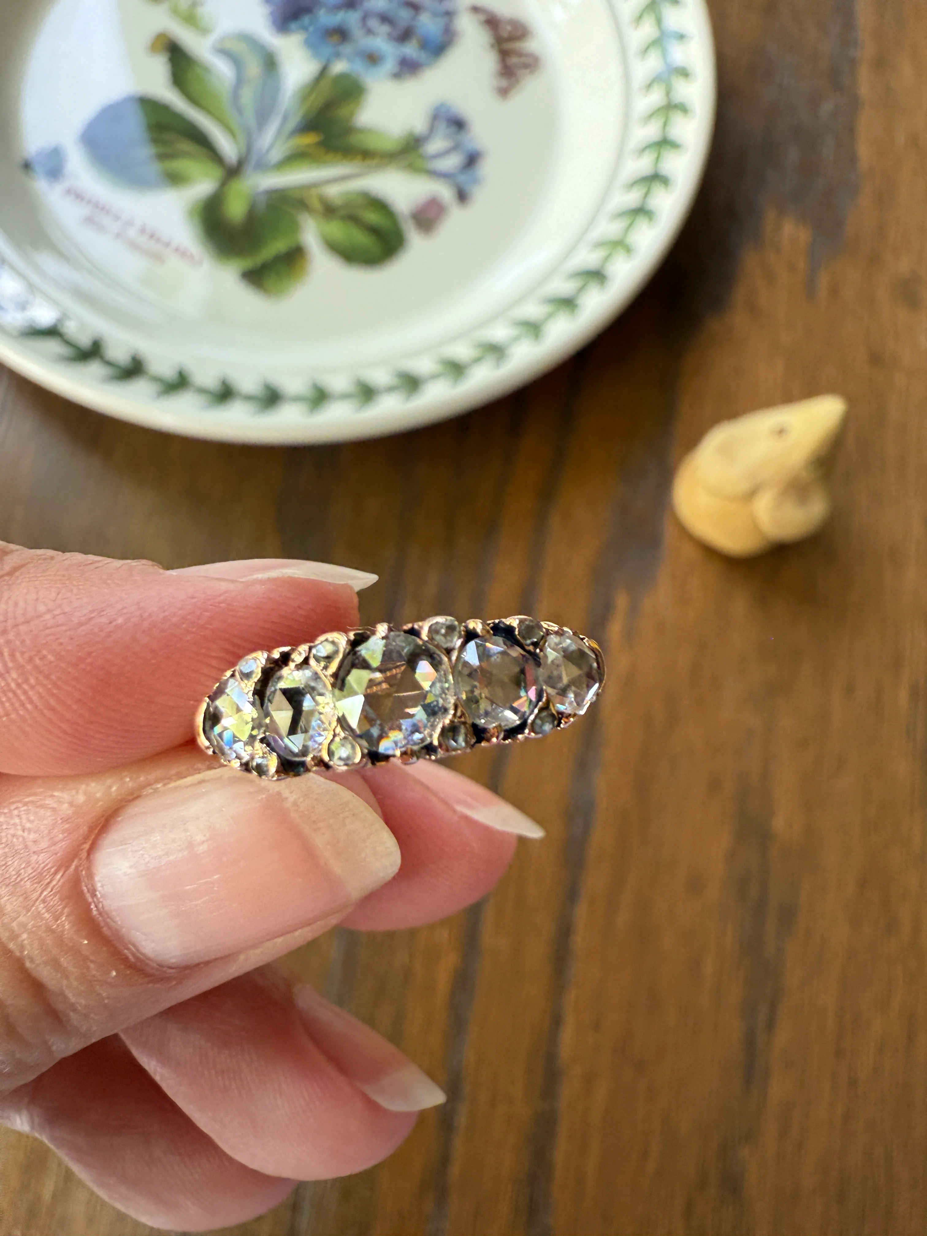 ANTIQUE Rose Cut DIAMOND Five Stone Band with Spacers Disco Ball Stacker Ring 14k Gold - Image 11