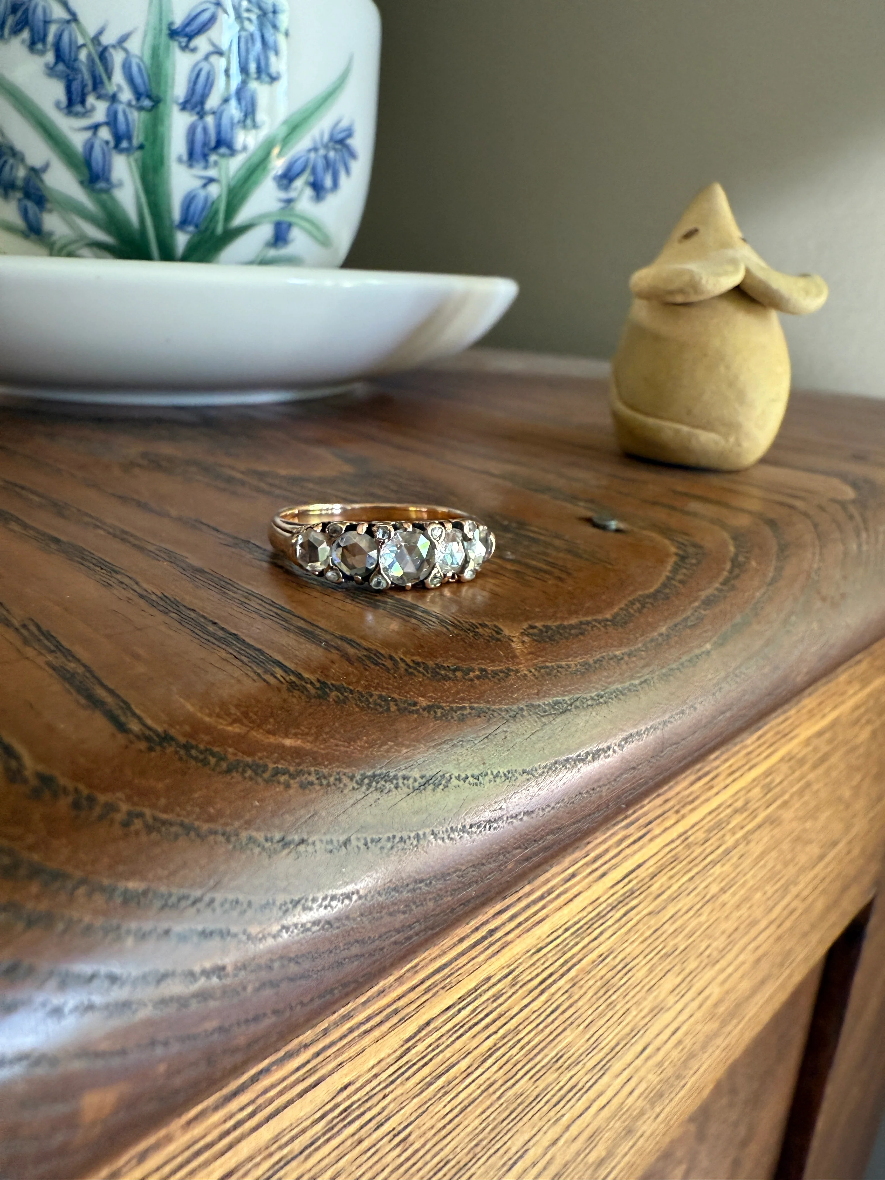 ANTIQUE Rose Cut DIAMOND Five Stone Band with Spacers Disco Ball Stacker Ring 14k Gold - Image 12