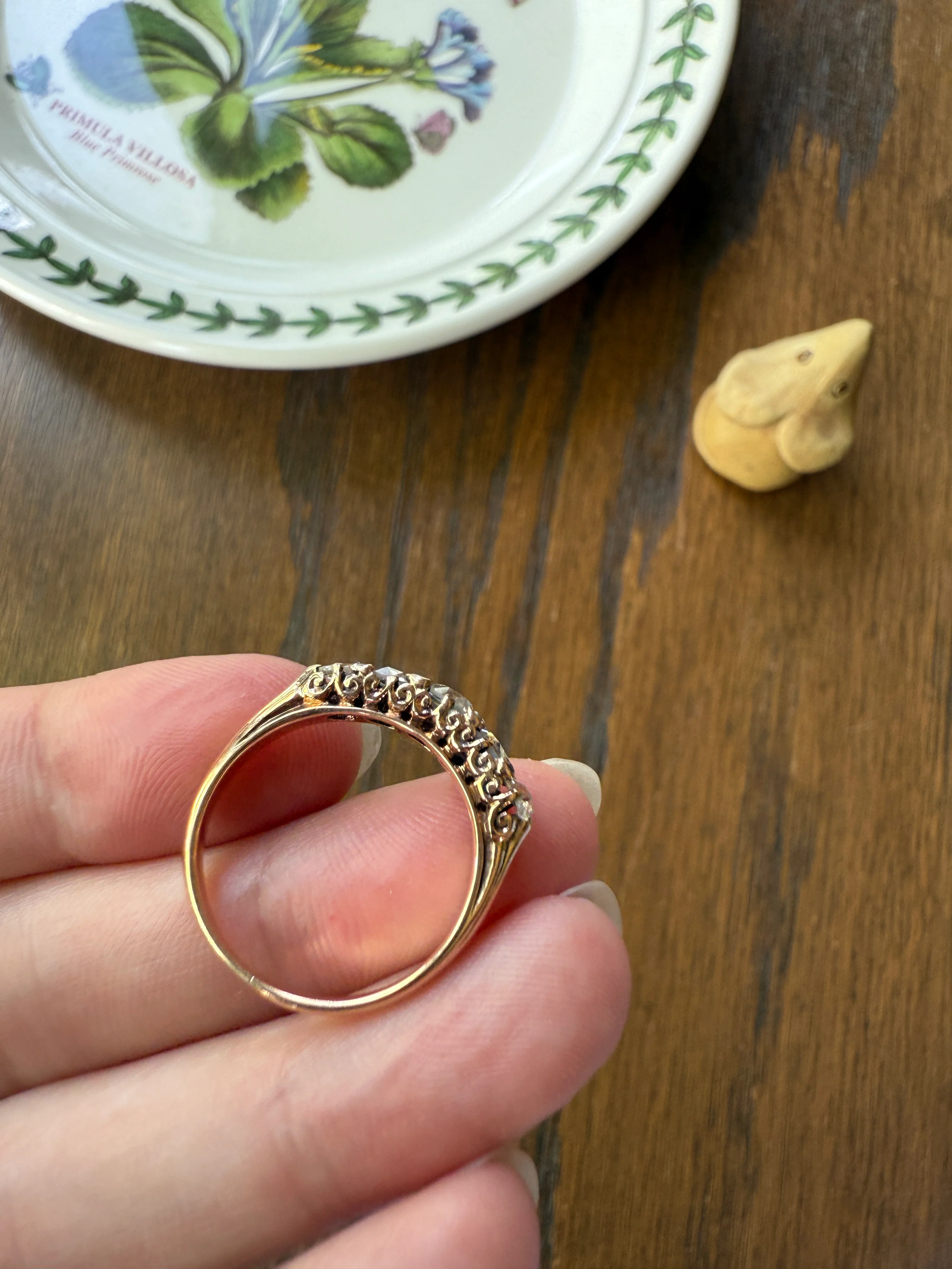 ANTIQUE Rose Cut DIAMOND Five Stone Band with Spacers Disco Ball Stacker Ring 14k Gold - Image 13