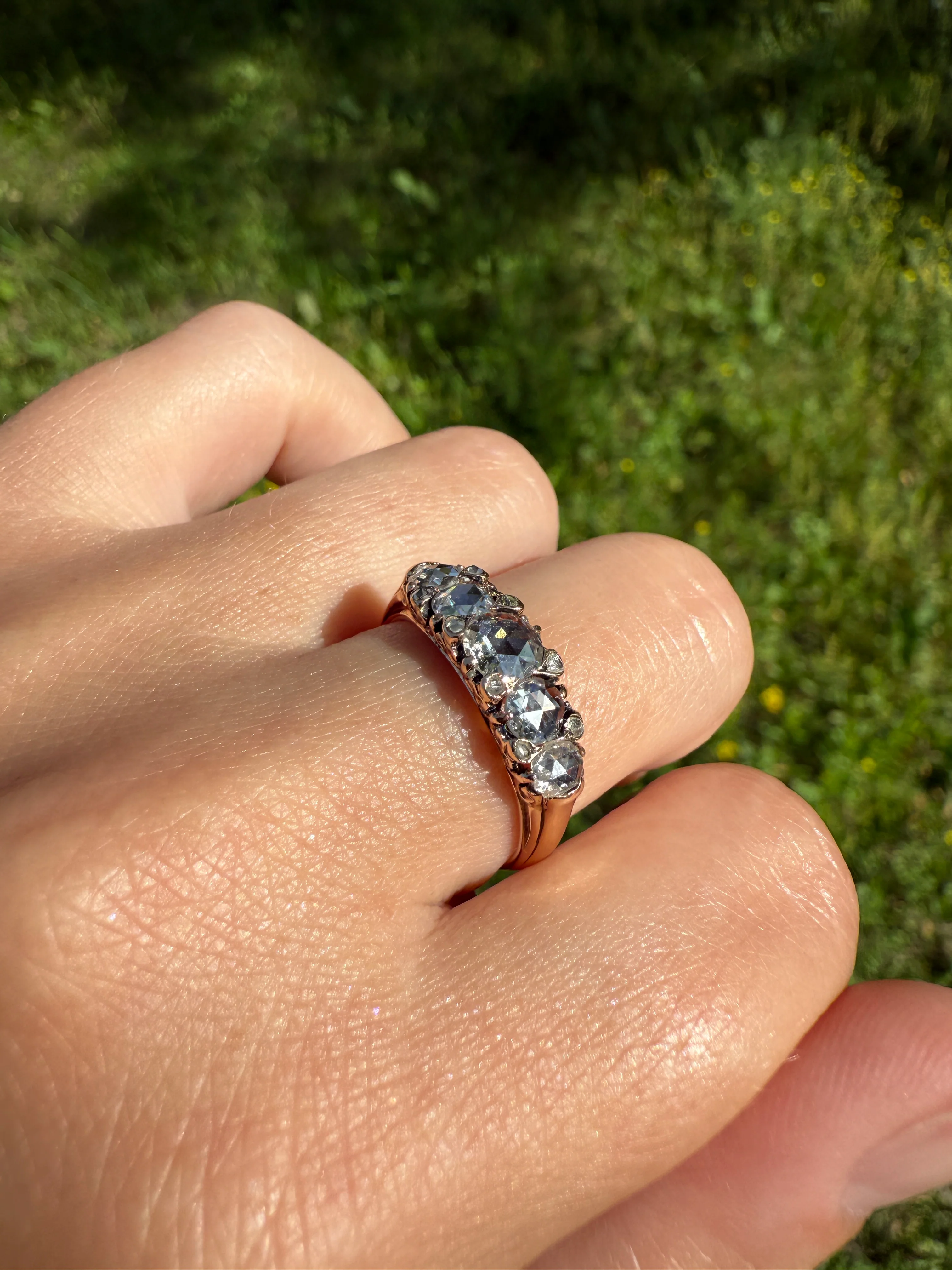 ANTIQUE Rose Cut DIAMOND Five Stone Band with Spacers Disco Ball Stacker Ring 14k Gold - Image 15