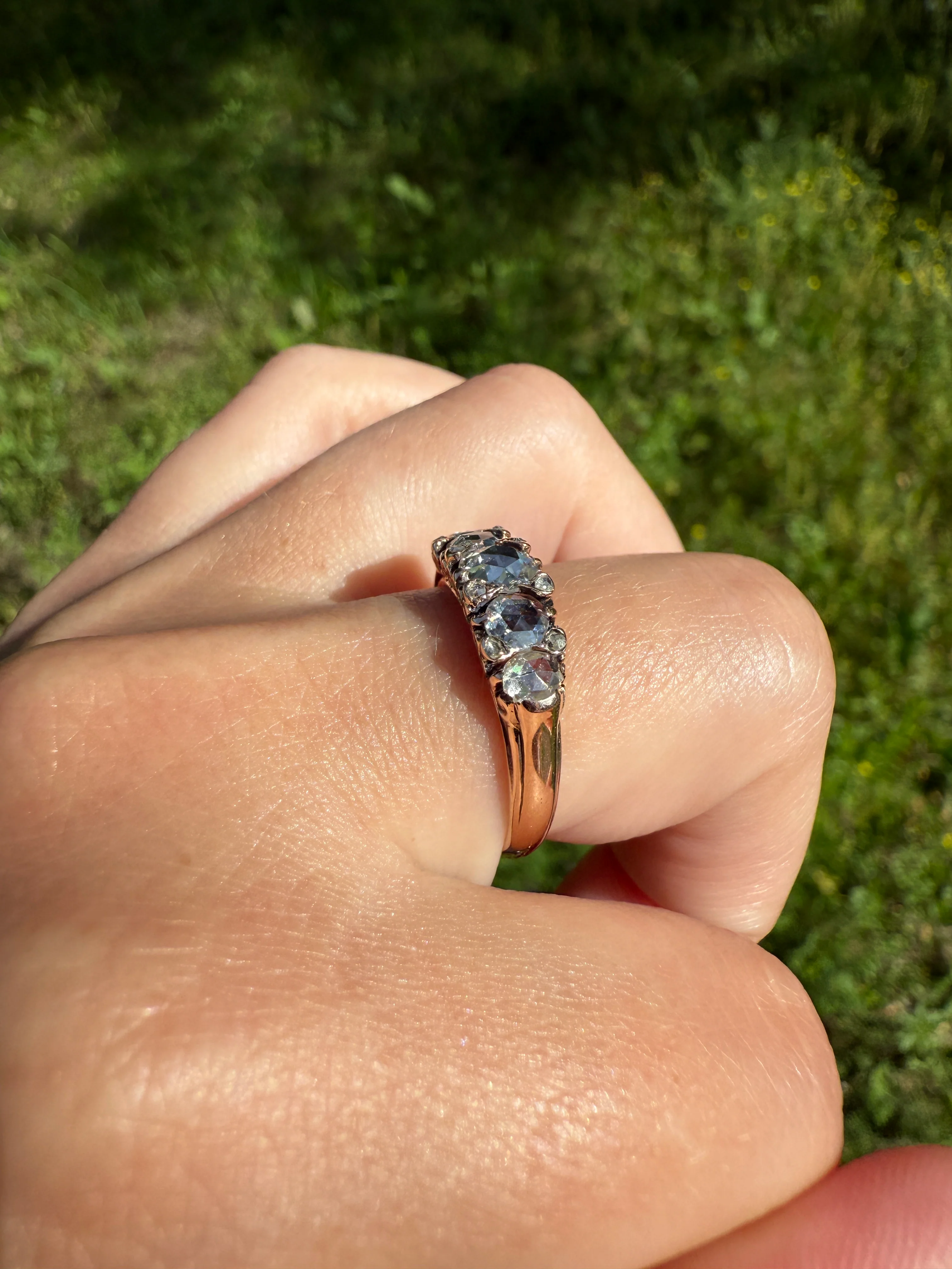 ANTIQUE Rose Cut DIAMOND Five Stone Band with Spacers Disco Ball Stacker Ring 14k Gold - Image 16