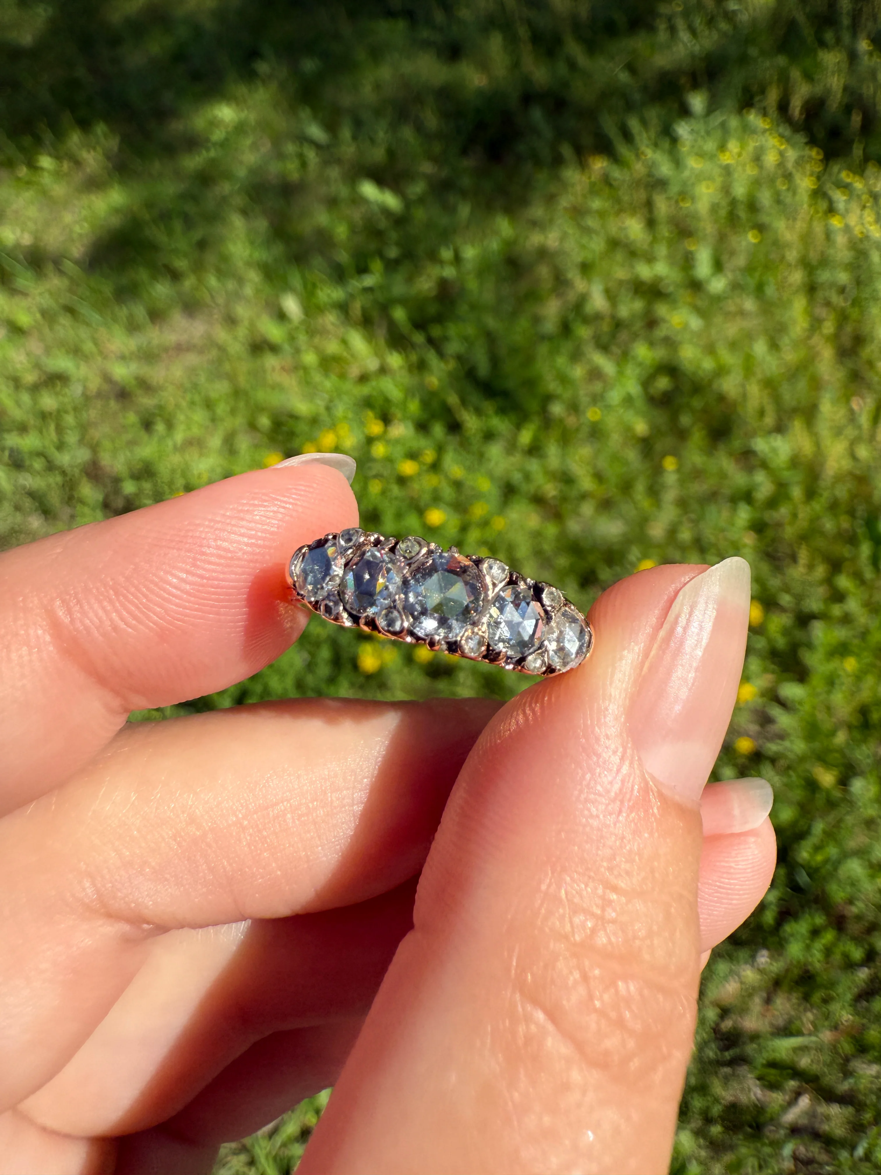 ANTIQUE Rose Cut DIAMOND Five Stone Band with Spacers Disco Ball Stacker Ring 14k Gold - Image 17