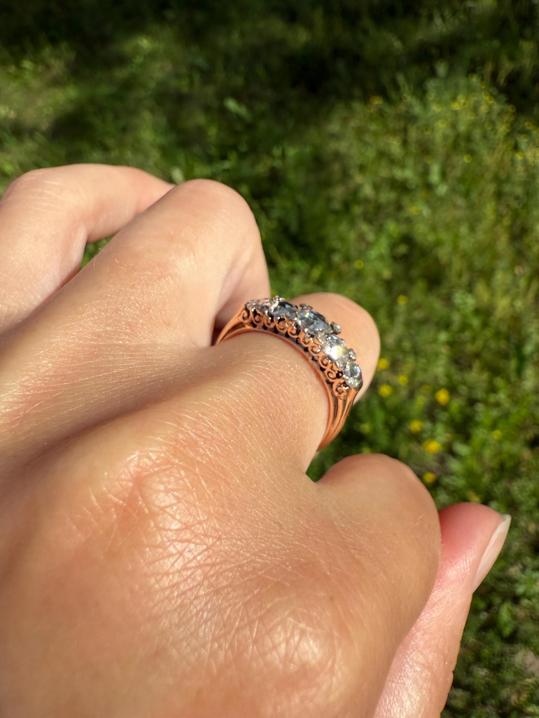 ANTIQUE Rose Cut DIAMOND Five Stone Band with Spacers Disco Ball Stacker Ring 14k Gold - Image 3
