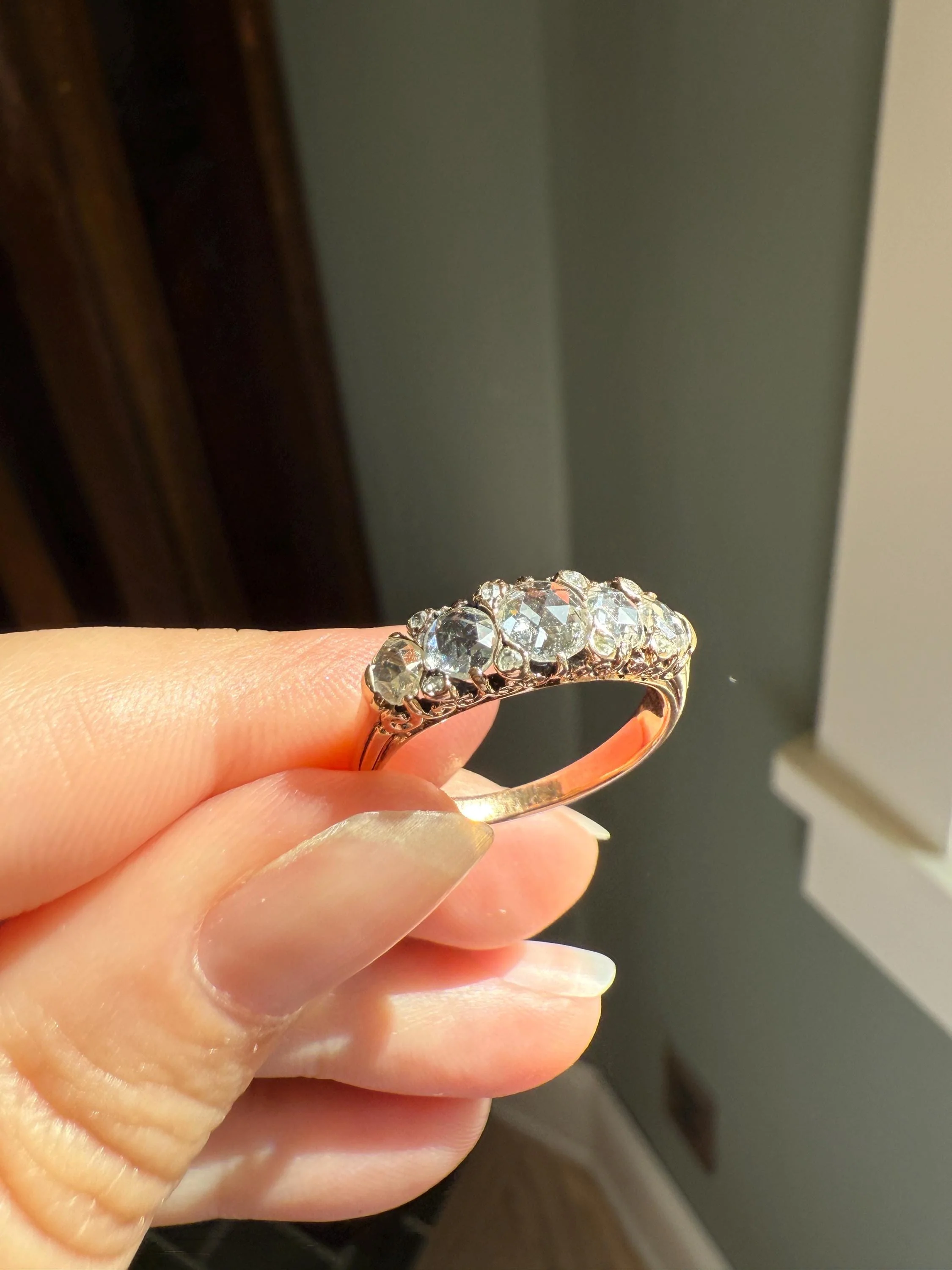 ANTIQUE Rose Cut DIAMOND Five Stone Band with Spacers Disco Ball Stacker Ring 14k Gold - Image 6