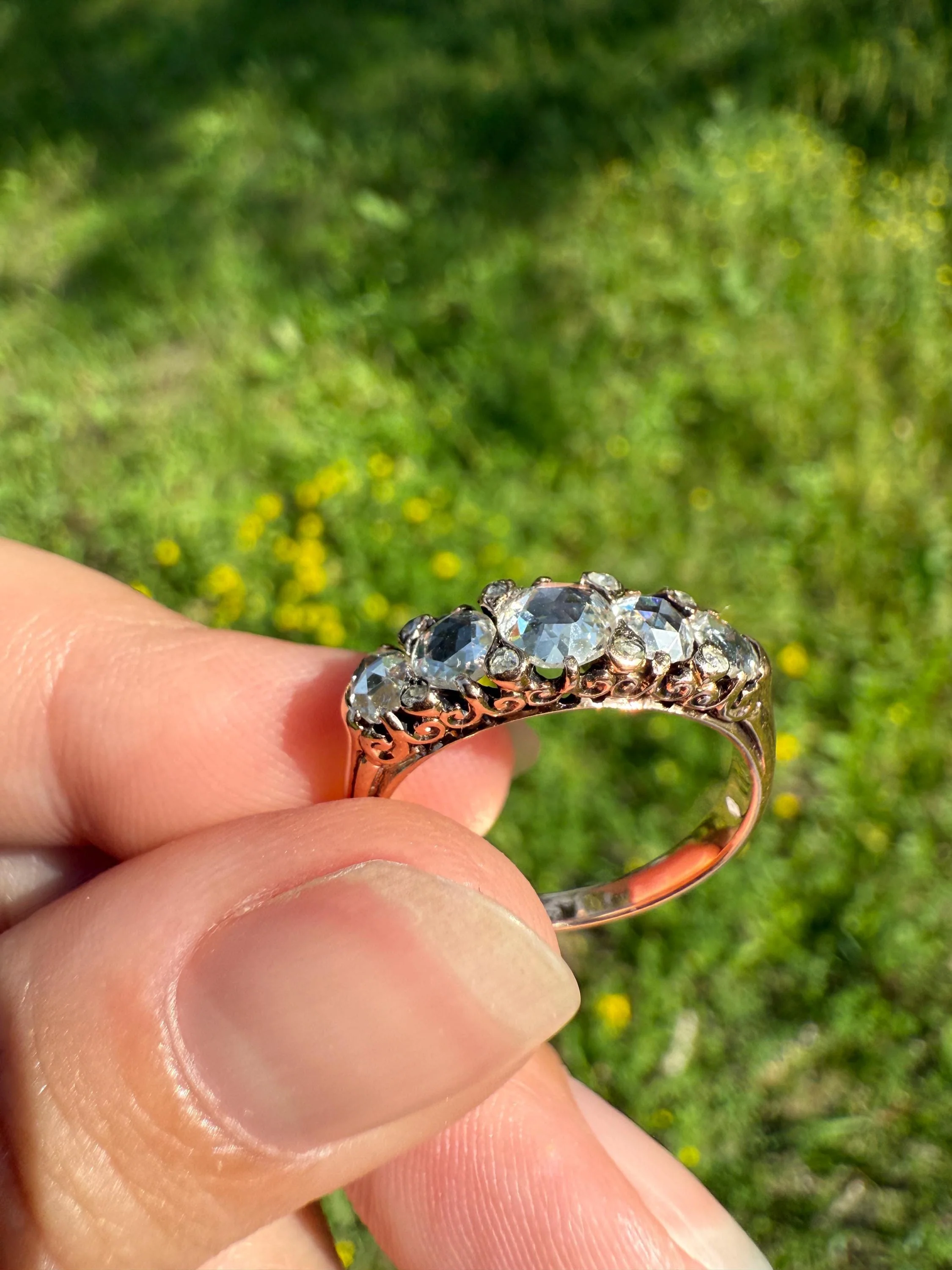 ANTIQUE Rose Cut DIAMOND Five Stone Band with Spacers Disco Ball Stacker Ring 14k Gold - Image 7