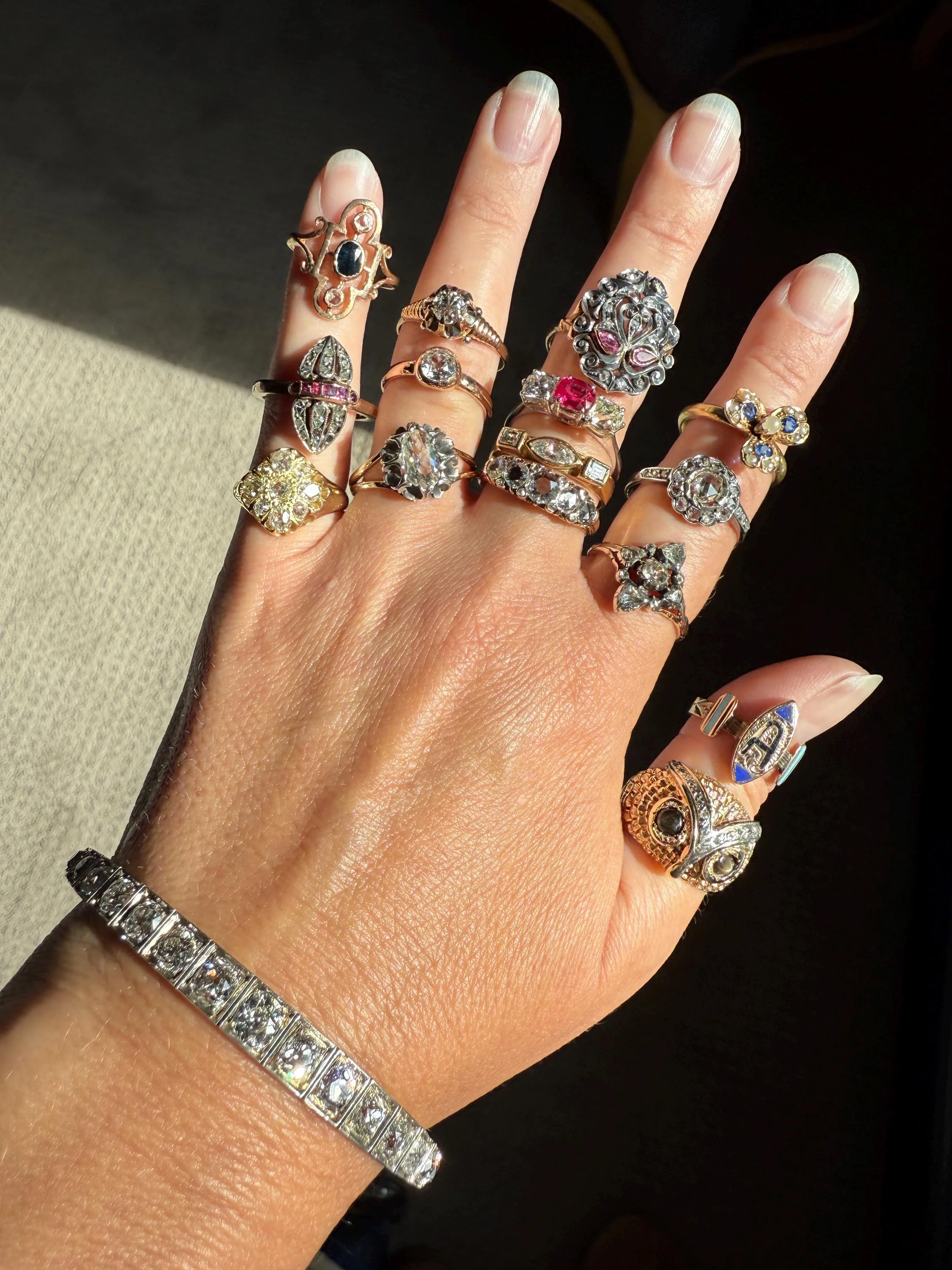 ANTIQUE Rose Cut DIAMOND Five Stone Band with Spacers Disco Ball Stacker Ring 14k Gold - Image 8