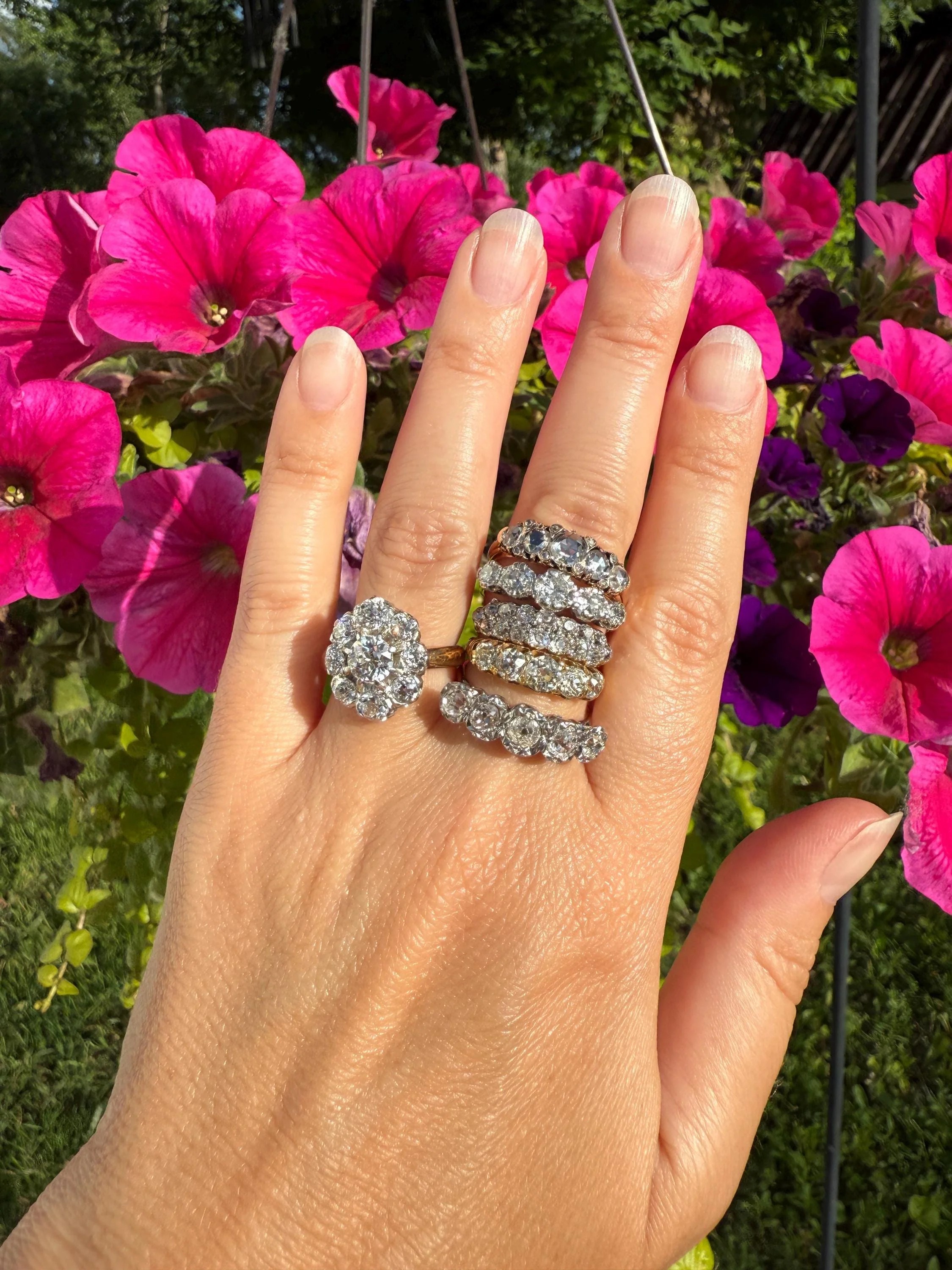 ANTIQUE Rose Cut DIAMOND Five Stone Band with Spacers Disco Ball Stacker Ring 14k Gold - Image 9