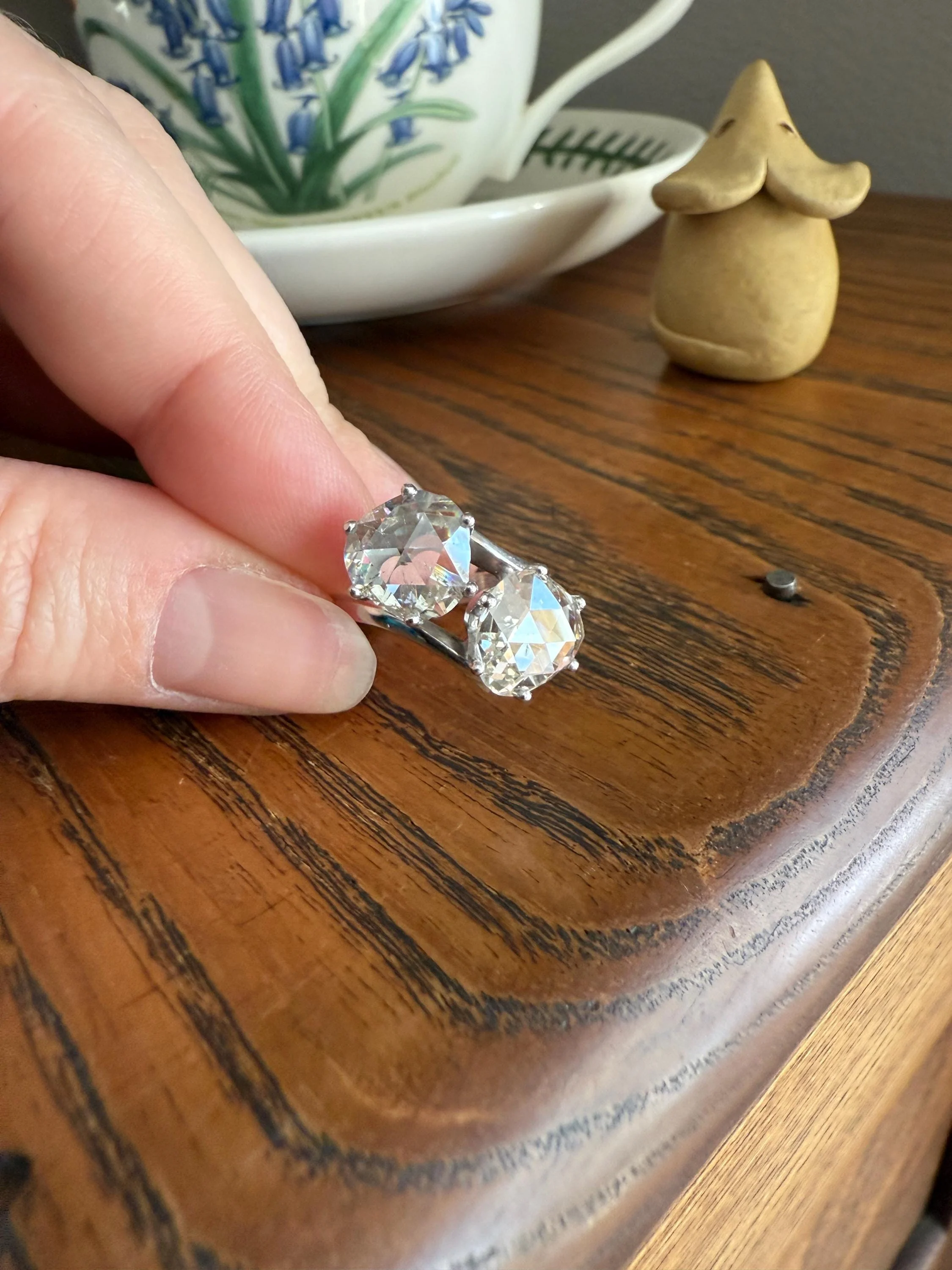 Antique Rose Cut DIAMOND Toi et Moi Ring In Box Double Disco Ball 5.5 Carat Face Up Spready Pear 14k White Gold French Art Deco Tall Ring - Image 10