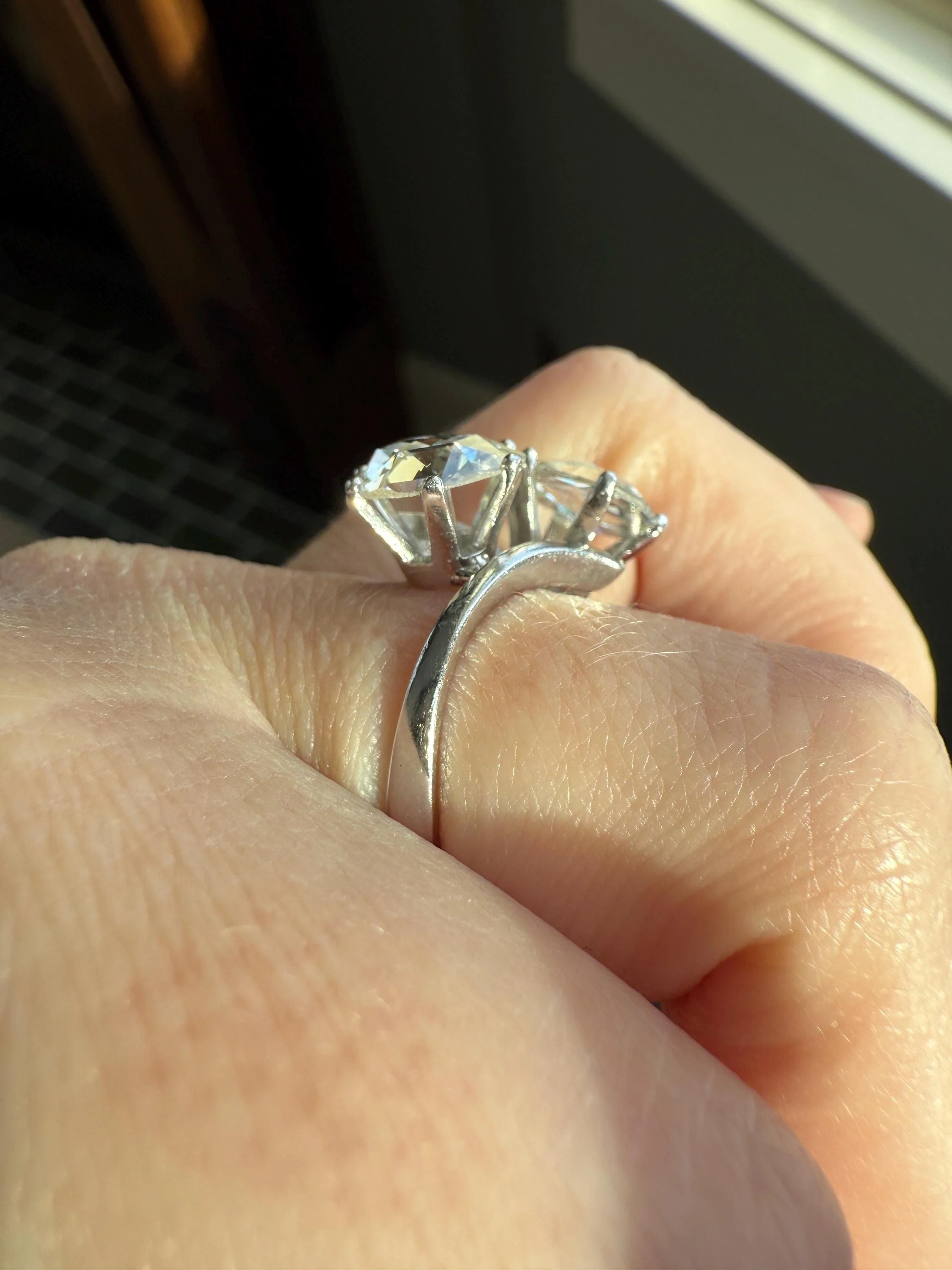 Antique Rose Cut DIAMOND Toi et Moi Ring In Box Double Disco Ball 5.5 Carat Face Up Spready Pear 14k White Gold French Art Deco Tall Ring - Image 12