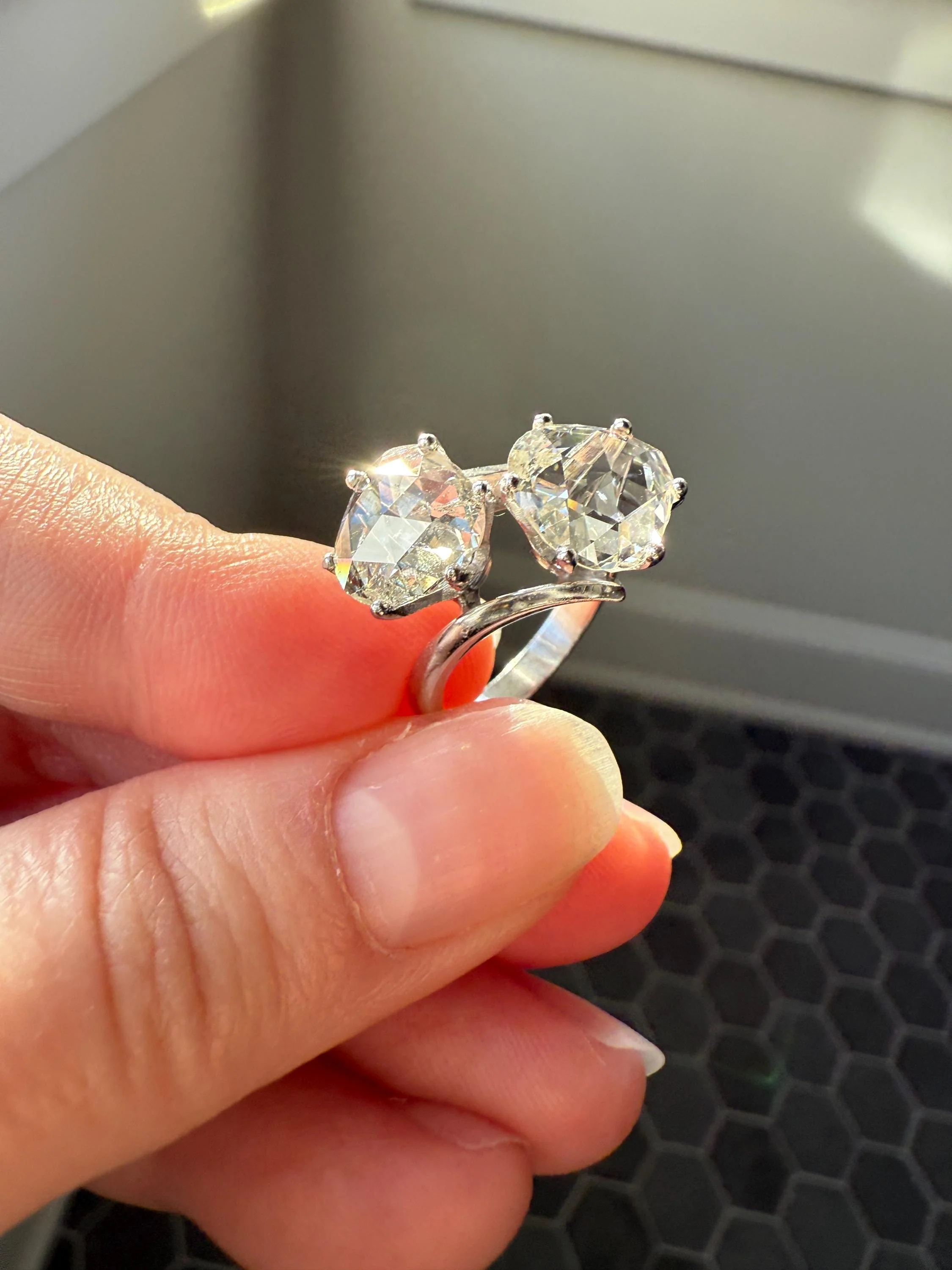 Antique Rose Cut DIAMOND Toi et Moi Ring In Box Double Disco Ball 5.5 Carat Face Up Spready Pear 14k White Gold French Art Deco Tall Ring - Image 17
