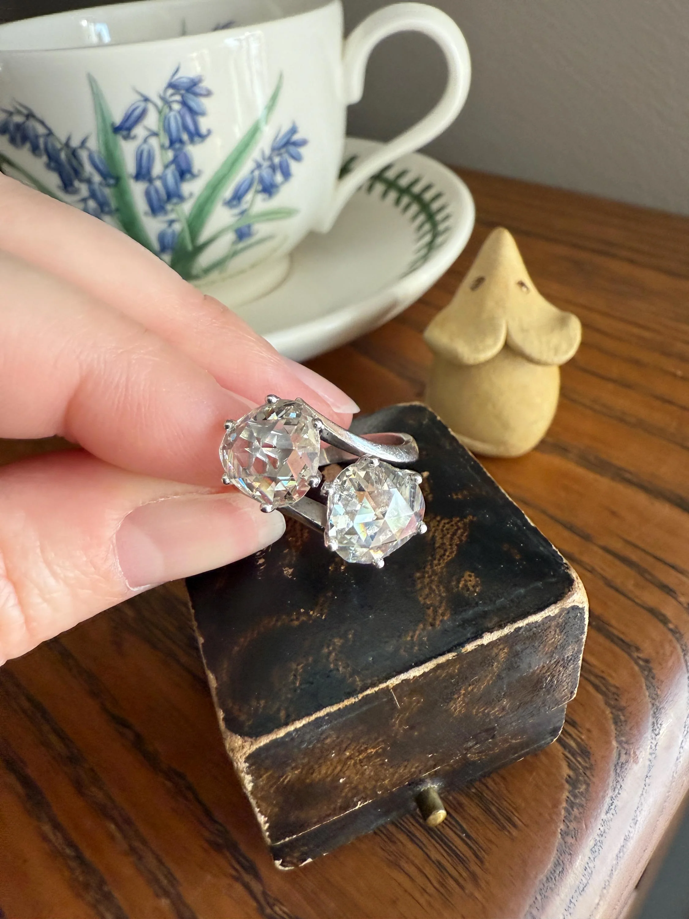 Antique Rose Cut DIAMOND Toi et Moi Ring In Box Double Disco Ball 5.5 Carat Face Up Spready Pear 14k White Gold French Art Deco Tall Ring - Image 18