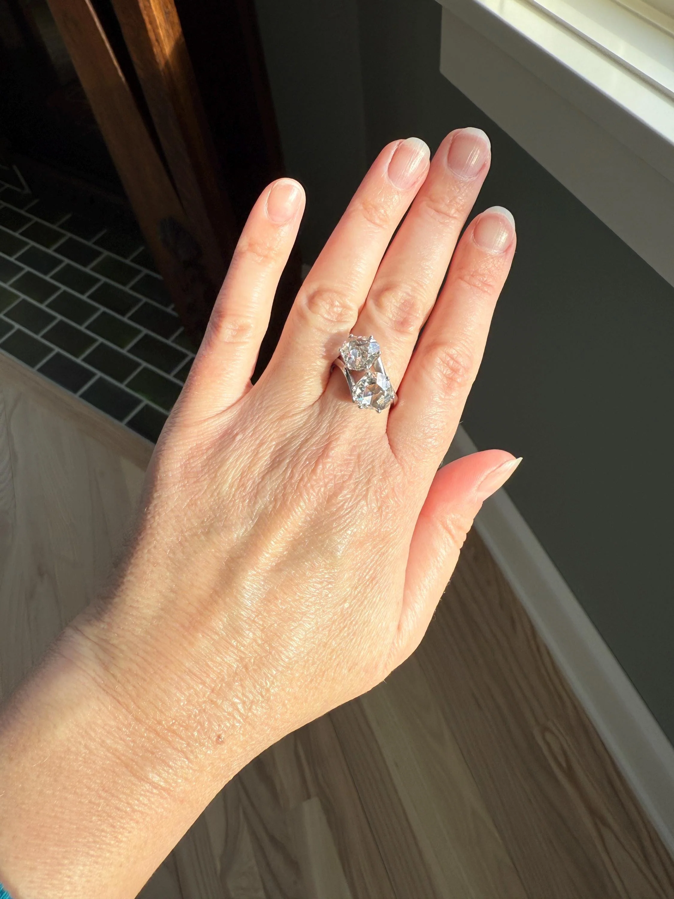 Antique Rose Cut DIAMOND Toi et Moi Ring In Box Double Disco Ball 5.5 Carat Face Up Spready Pear 14k White Gold French Art Deco Tall Ring - Image 2
