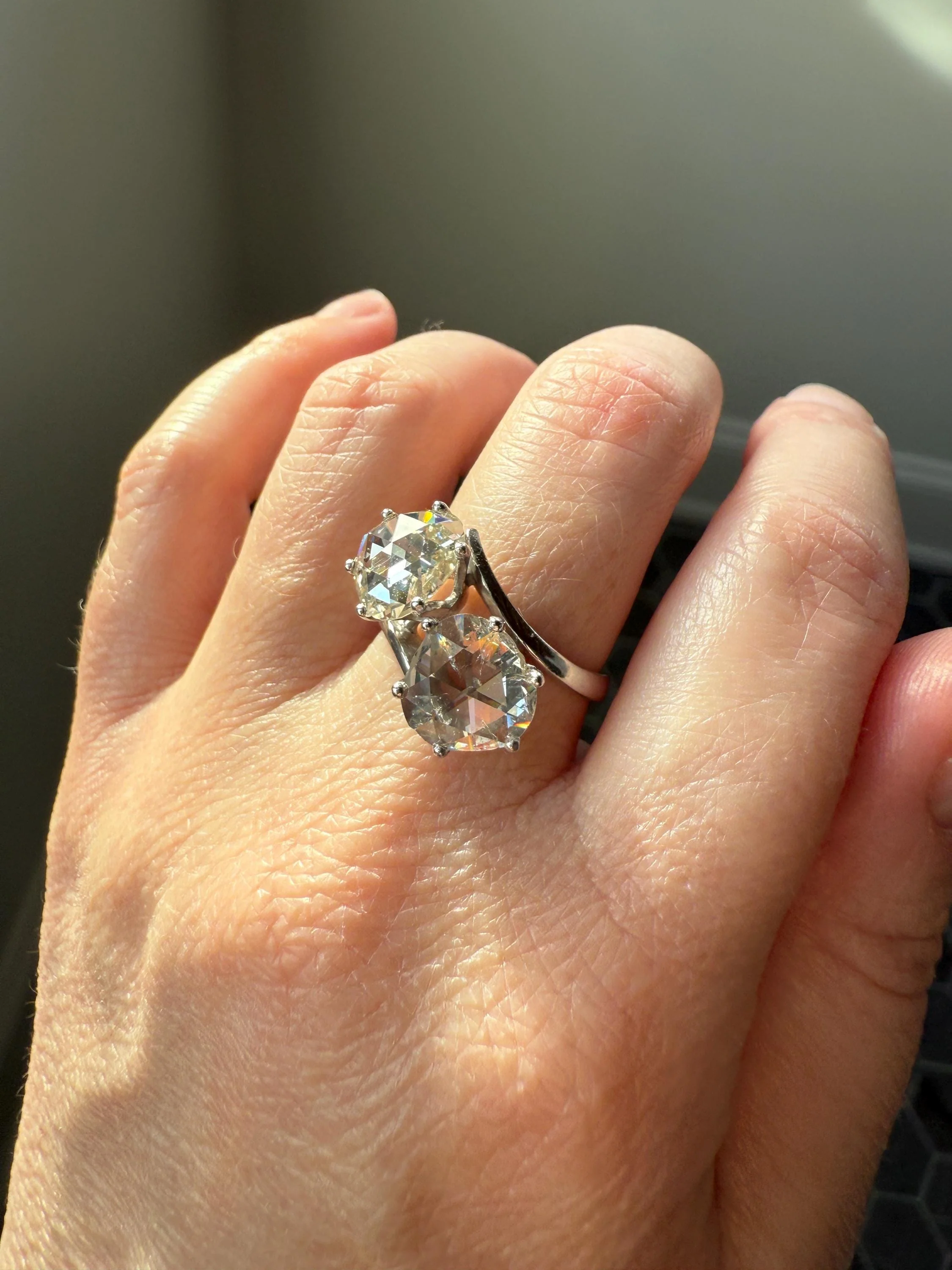 Antique Rose Cut DIAMOND Toi et Moi Ring In Box Double Disco Ball 5.5 Carat Face Up Spready Pear 14k White Gold French Art Deco Tall Ring - Image 21