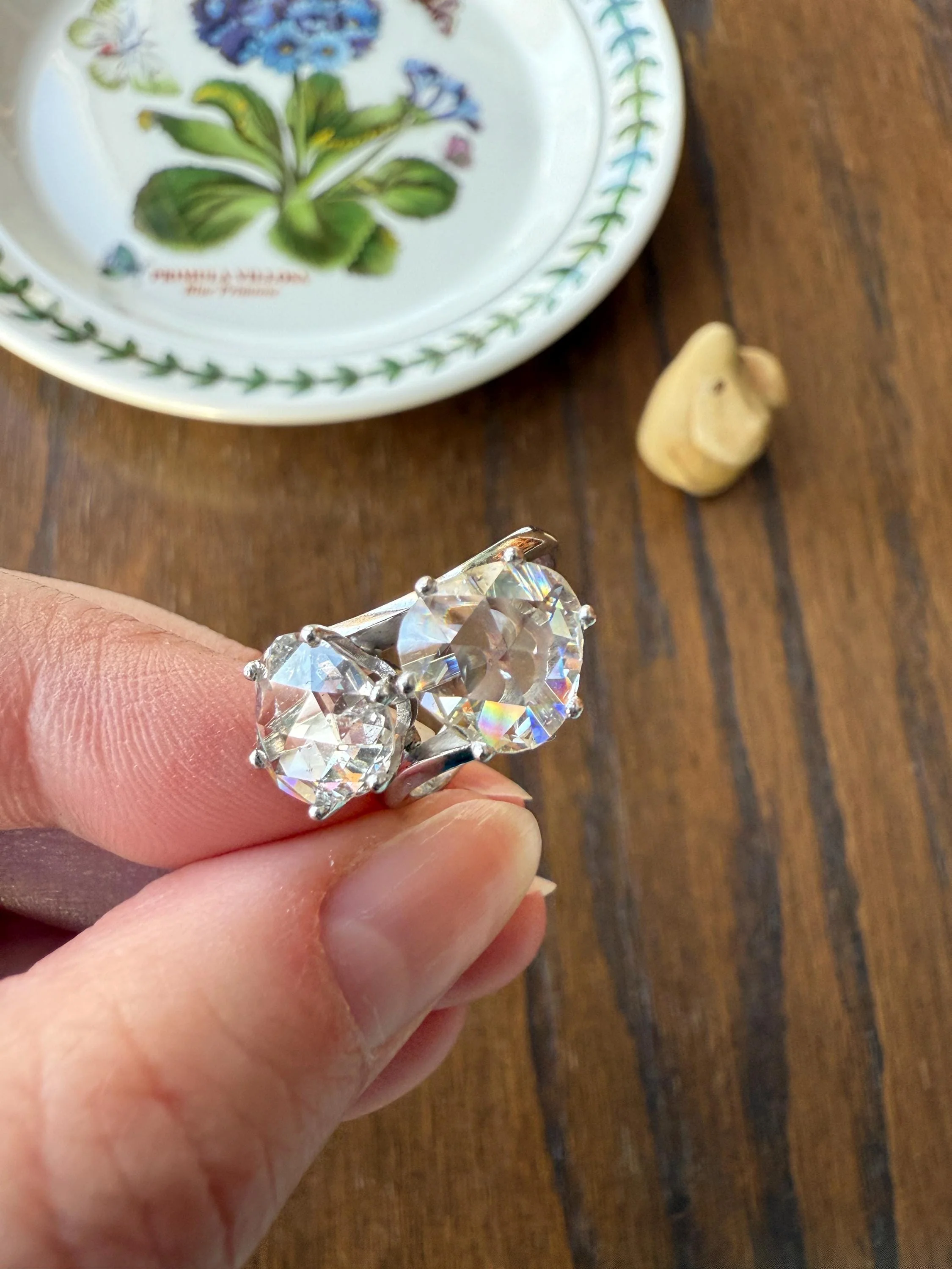 Antique Rose Cut DIAMOND Toi et Moi Ring In Box Double Disco Ball 5.5 Carat Face Up Spready Pear 14k White Gold French Art Deco Tall Ring - Image 3