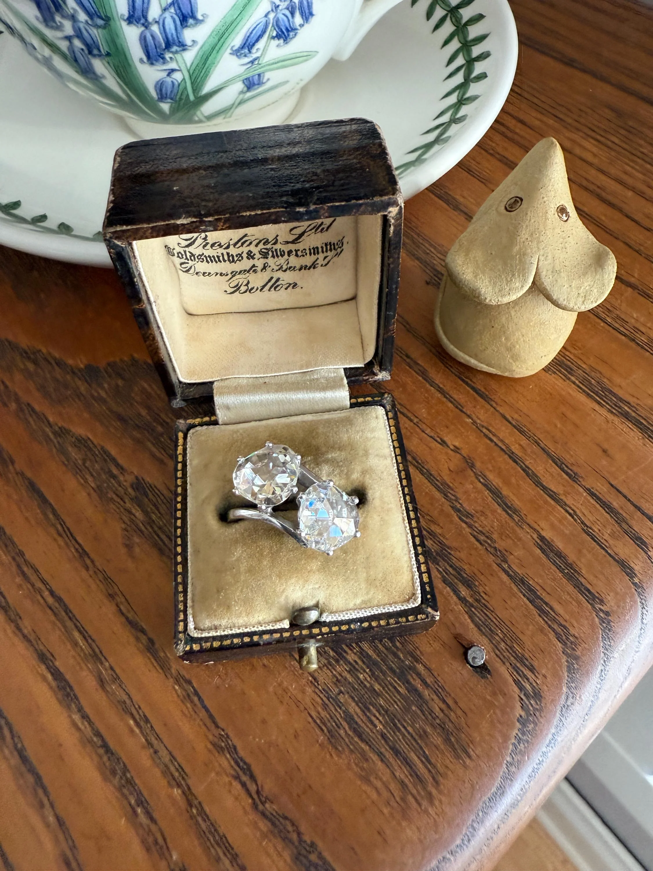 Antique Rose Cut DIAMOND Toi et Moi Ring In Box Double Disco Ball 5.5 Carat Face Up Spready Pear 14k White Gold French Art Deco Tall Ring - Image 4