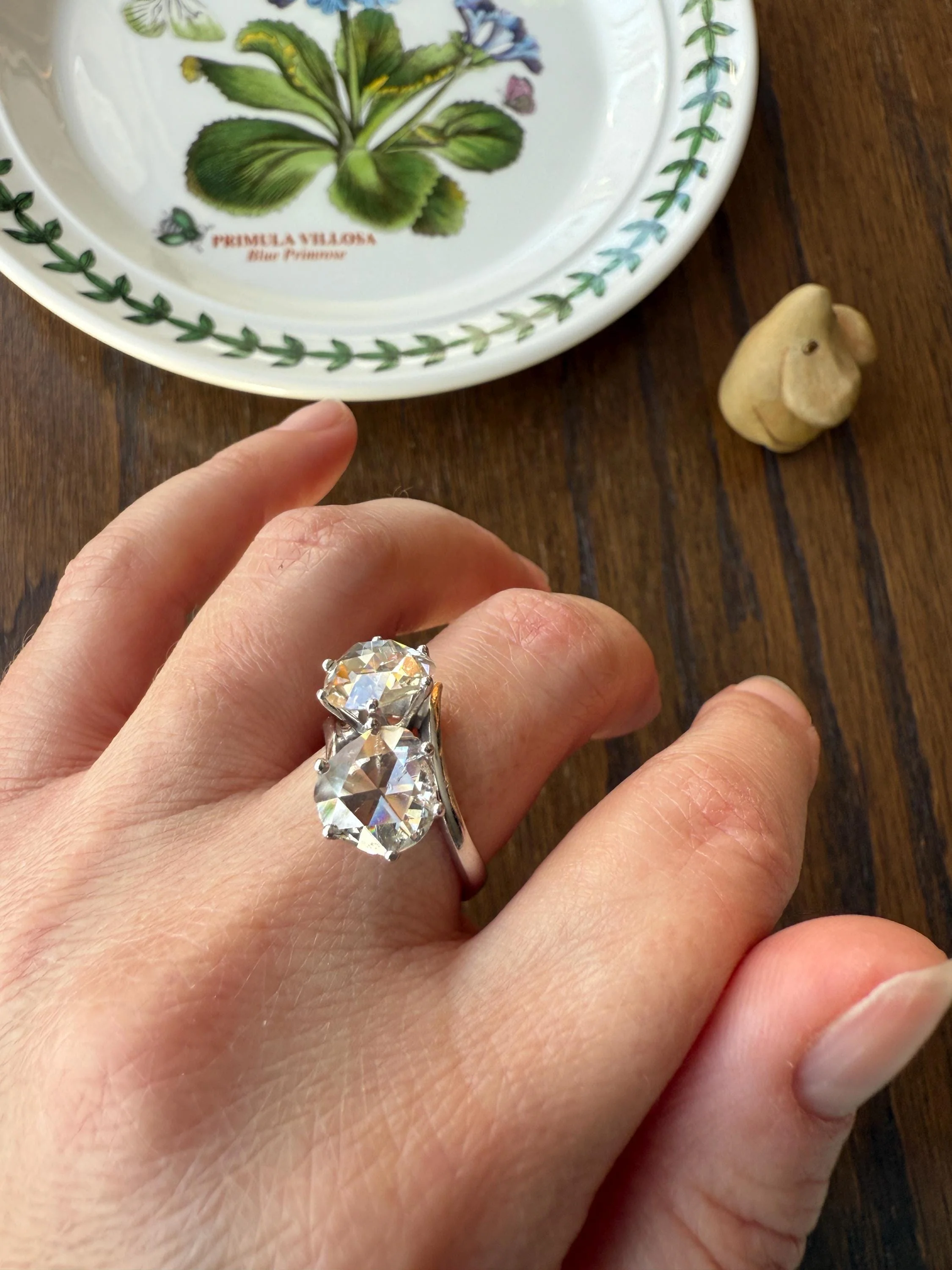 Antique Rose Cut DIAMOND Toi et Moi Ring In Box Double Disco Ball 5.5 Carat Face Up Spready Pear 14k White Gold French Art Deco Tall Ring - Image 5