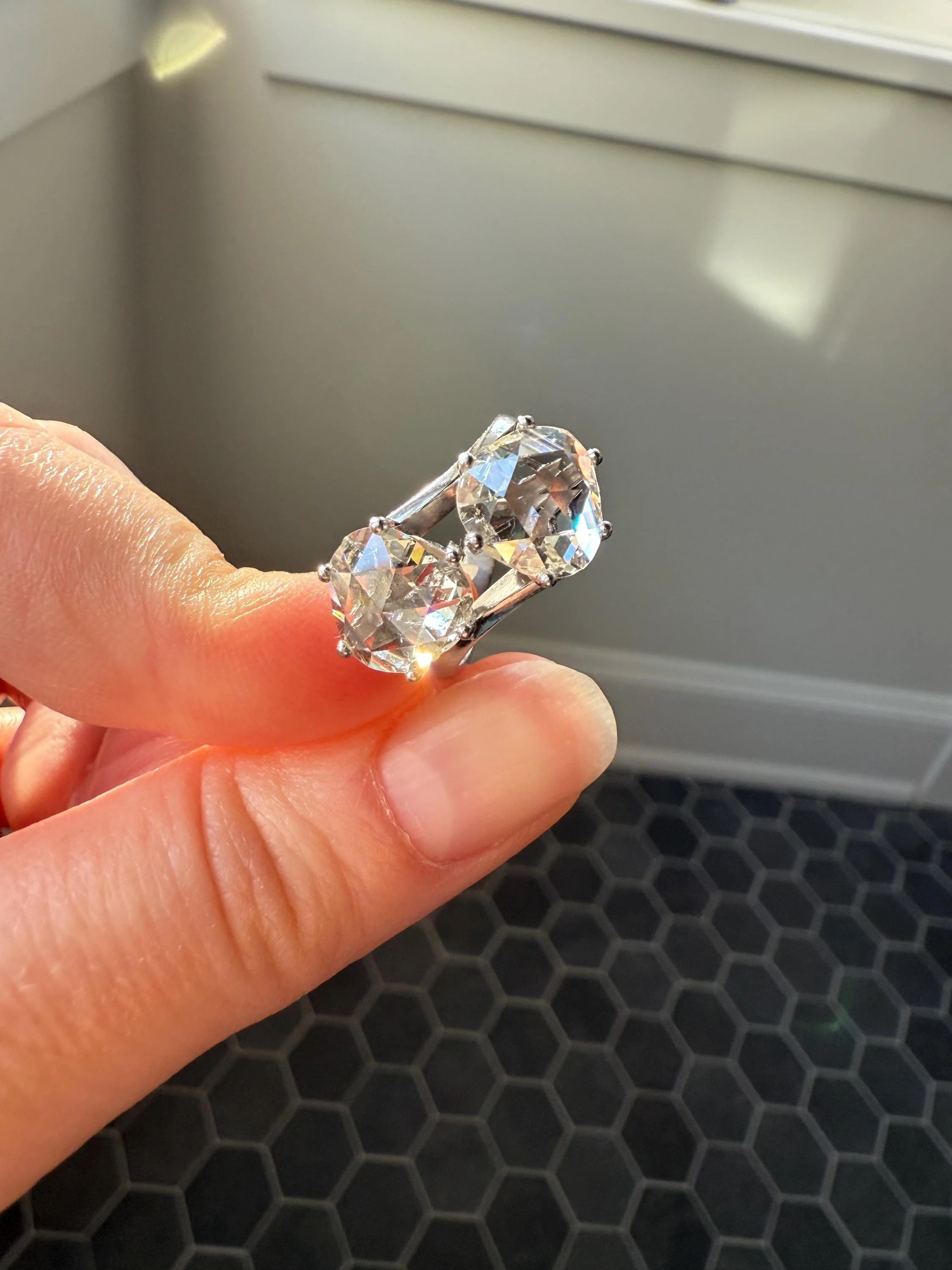 Antique Rose Cut DIAMOND Toi et Moi Ring In Box Double Disco Ball 5.5 Carat Face Up Spready Pear 14k White Gold French Art Deco Tall Ring - Image 7