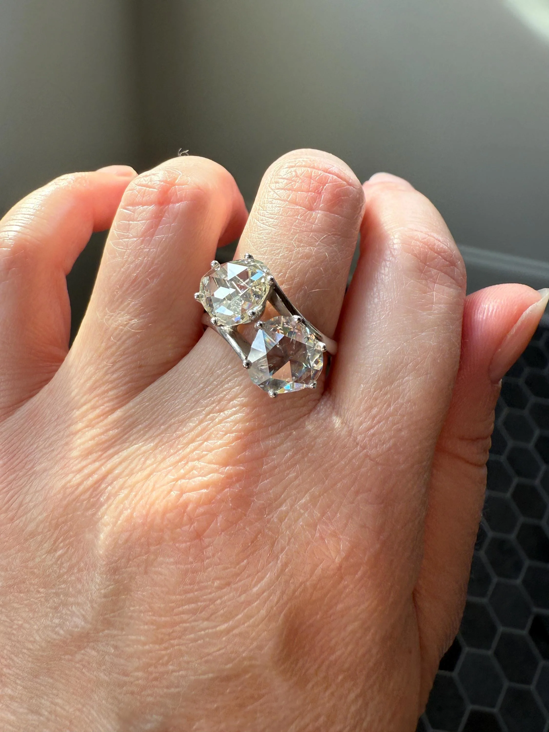 Antique Rose Cut DIAMOND Toi et Moi Ring In Box Double Disco Ball 5.5 Carat Face Up Spready Pear 14k White Gold French Art Deco Tall Ring - Image 8
