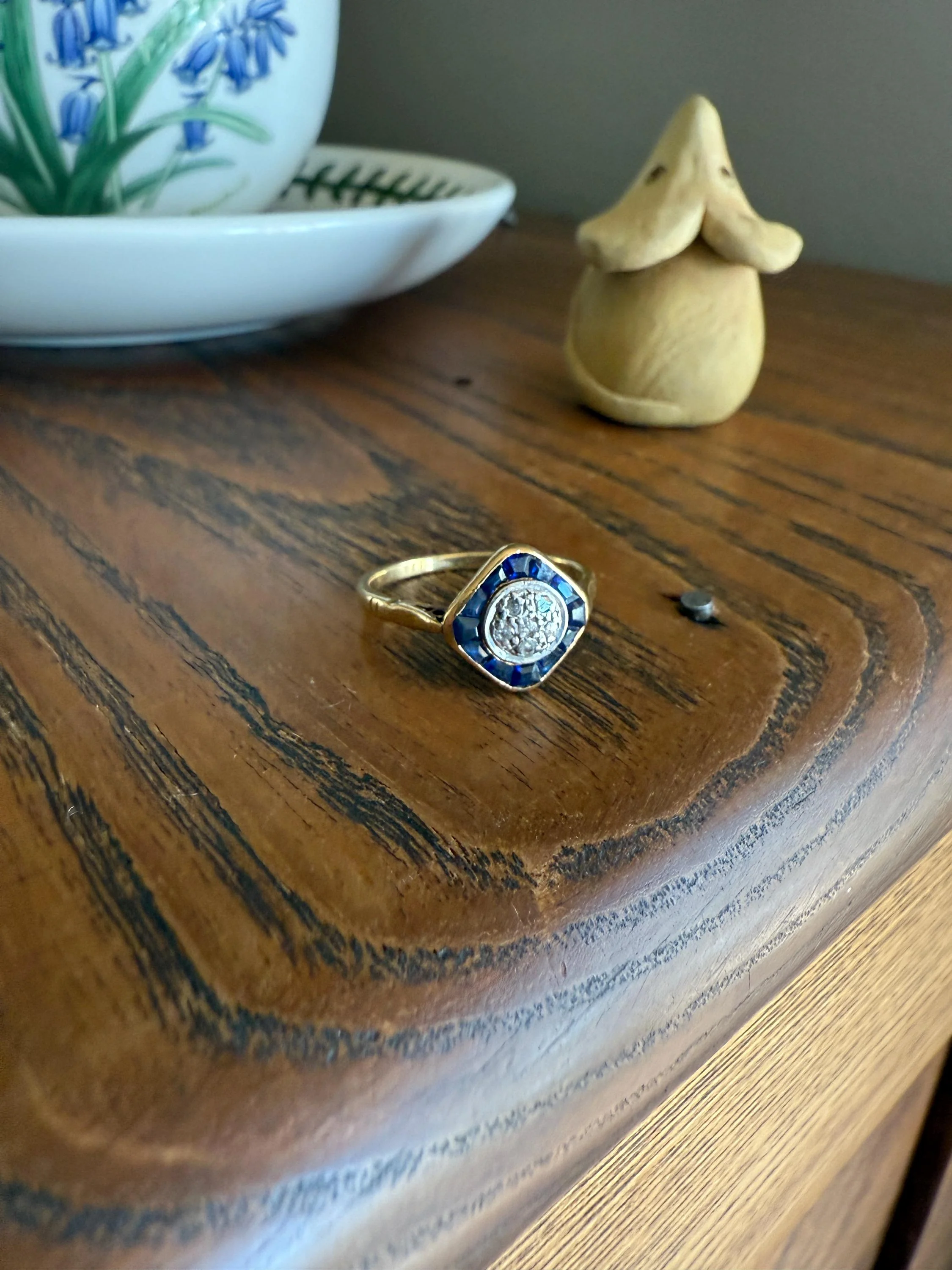 Antique Rose Cut Diamond Trapezoid Sapphire HALO Ring 18k Gold Blue Target Bullseye Square Geometric Stacker - Image 10